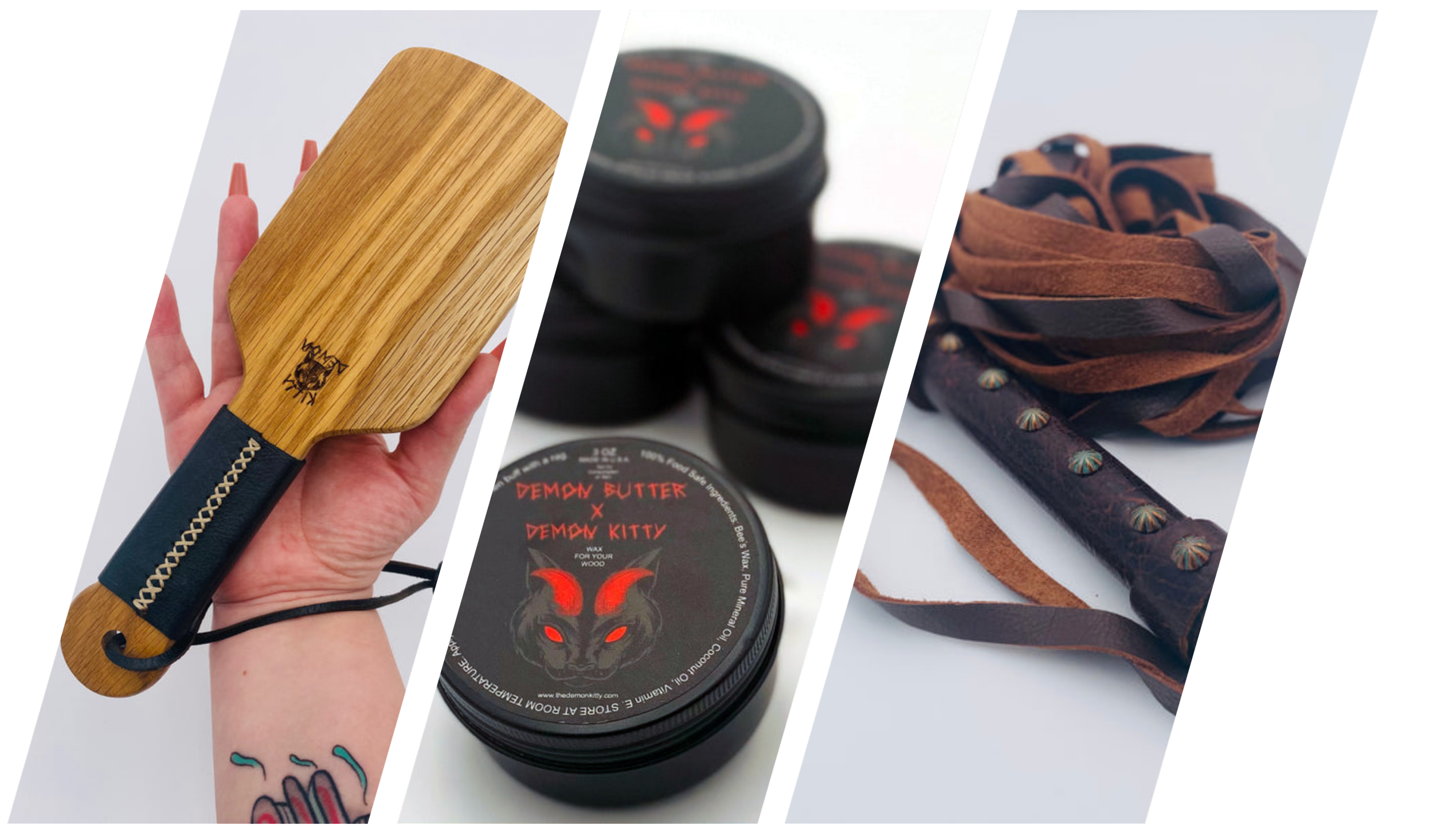 A collage of three images: a wooden-handled bat with a black grip; black containers of Demon Kitty scented wax, one showing the label with a red demon illustration; and a handmade leather and suede whip with metal conchos.