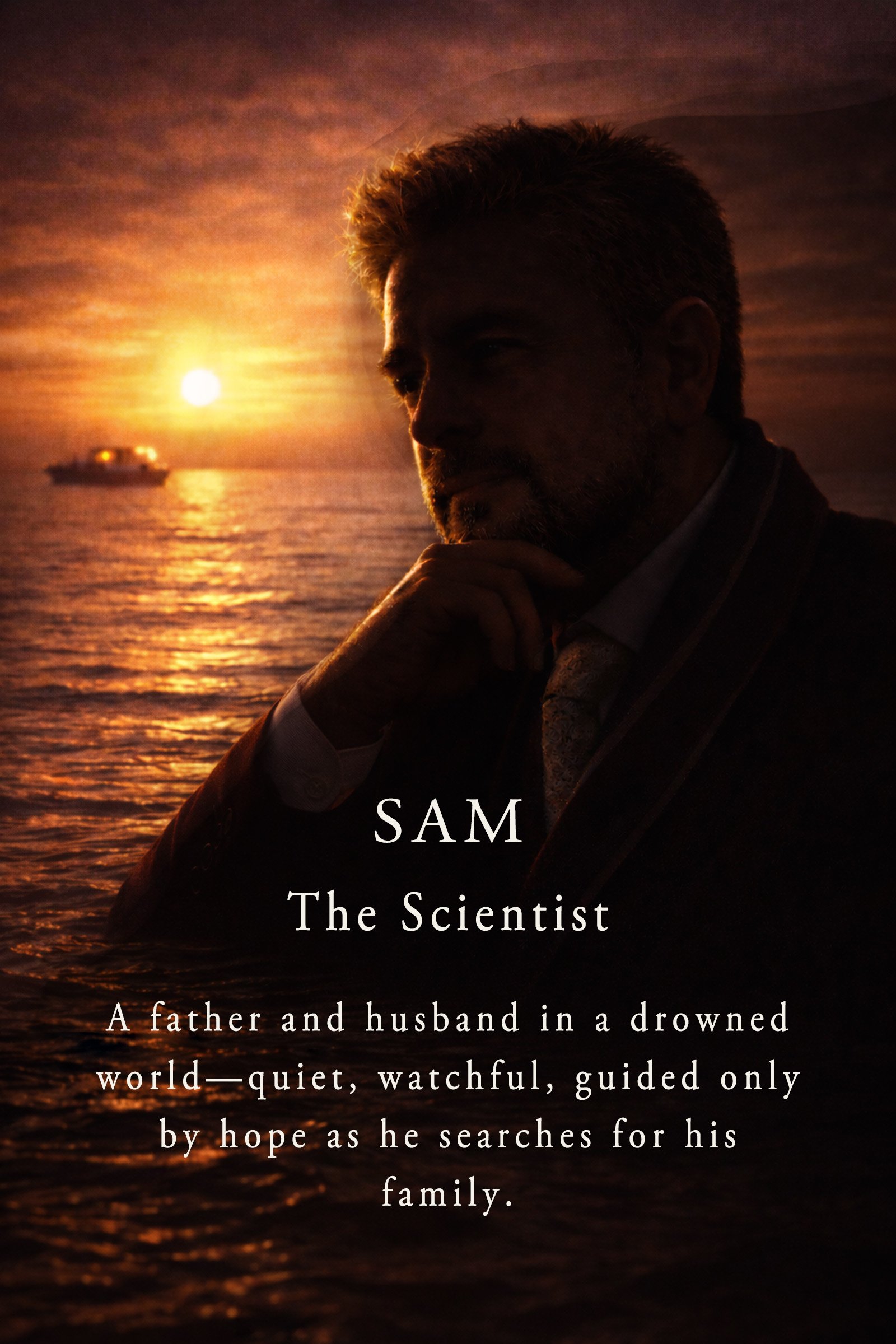 Book cover featuring a man with a beard and gray hair, in silhouette, by the water during sunset. The title reads 'SAM The Scientist' and includes a description about a father and husband searching for his family in a drowned world.