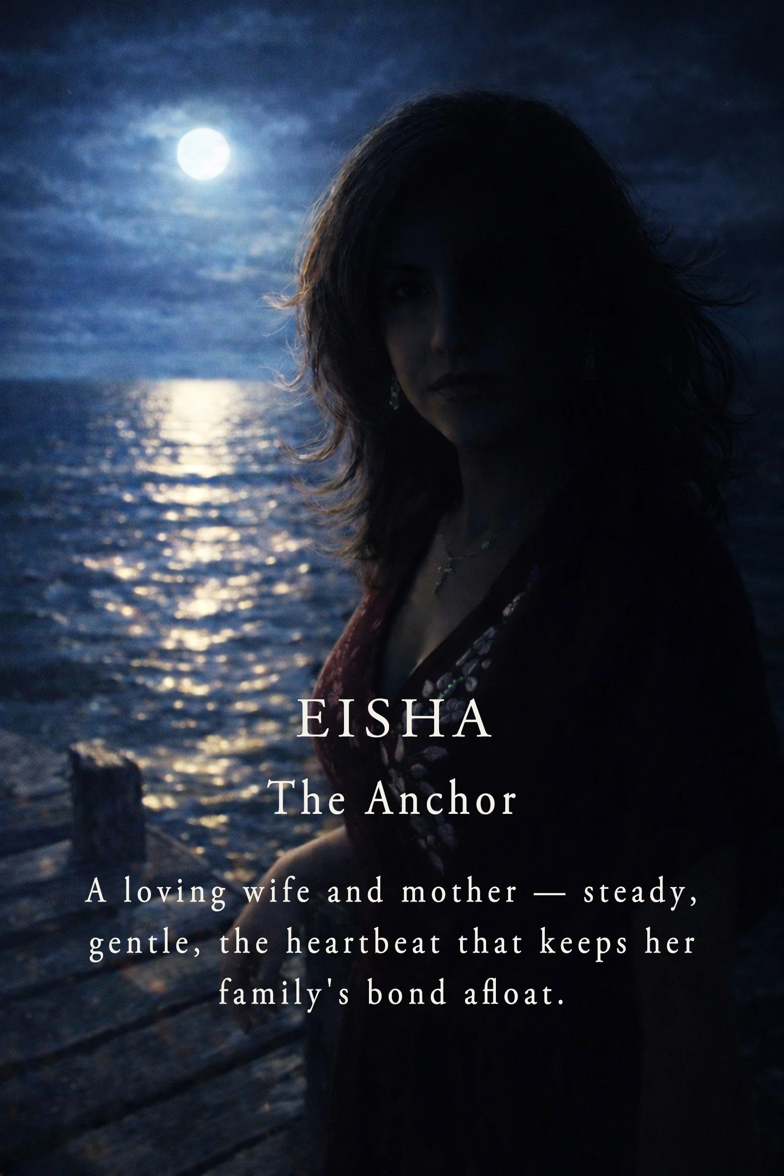 A woman standing on a dock at night, with the moon shining over the water, her face partially in shadow, and text that reads: 'Eisha, The Anchor. A loving wife and mother—steady, gentle, the heartbeat that keeps her family's bond afloat.'