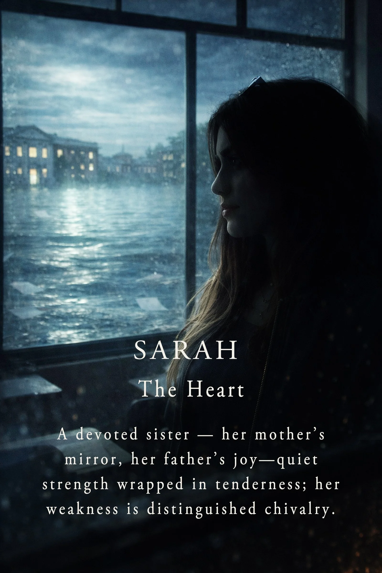Cover of a book titled 'Sarah: The Heart'. The cover shows a woman in profile, looking out a rain-covered window onto a cityscape with water and buildings outside at dusk or night.
