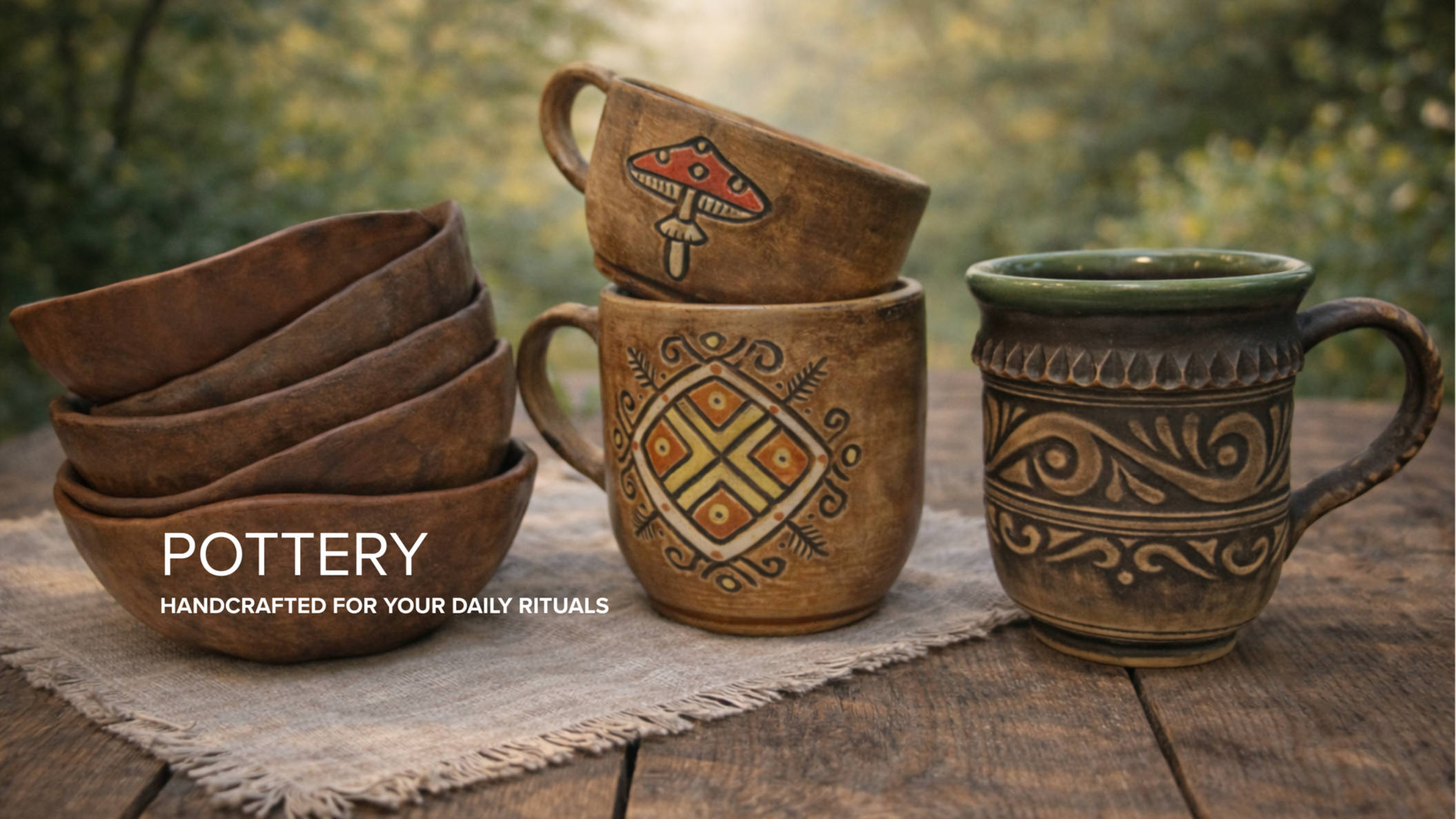 Stacked brown ceramic bowls and decorated pottery mugs with intricate geometric and organic patterns, placed on a fringed cloth on a wooden surface outdoors.