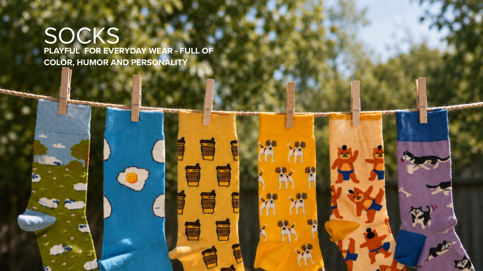 A row of colorful socks hanging on a clothesline outdoors, each with playful patterns including flowers, coffee cups, dogs, dancing bears, and cats, with trees and sky in the background.