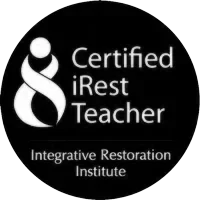 Logo of the Certified iRest Teacher from the Integrative Restoration Institute, featuring a stylized figure and text on a black circular background.