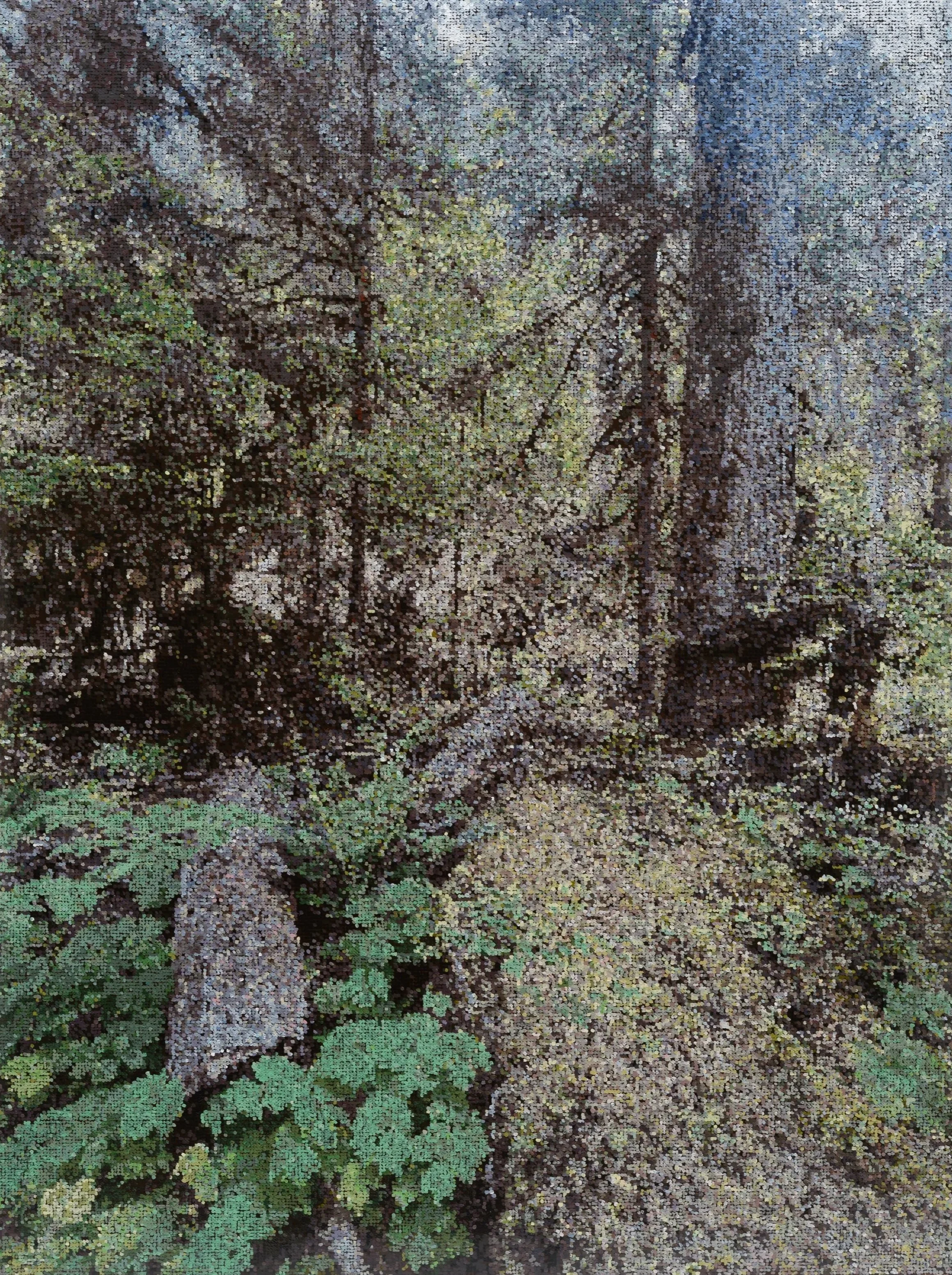Pacific Northwest Trail with Nurse Log (Near Seattle), 2025. Acrylic and acrylic gouache on Duralar on panel, 50 x 38".  