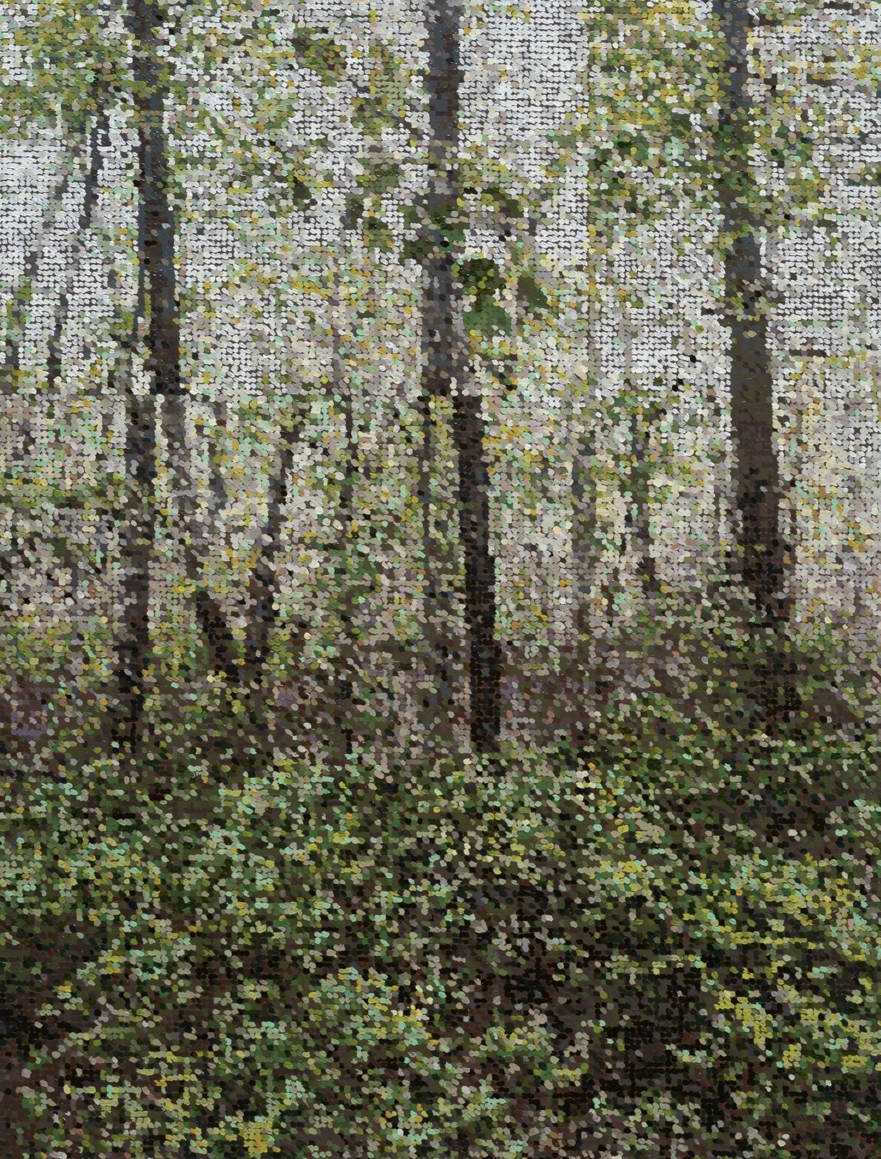 Glitch Woods Rhode Island, 2025. Acrylic and acrylic gouache on Duralar, 25 x 19". 