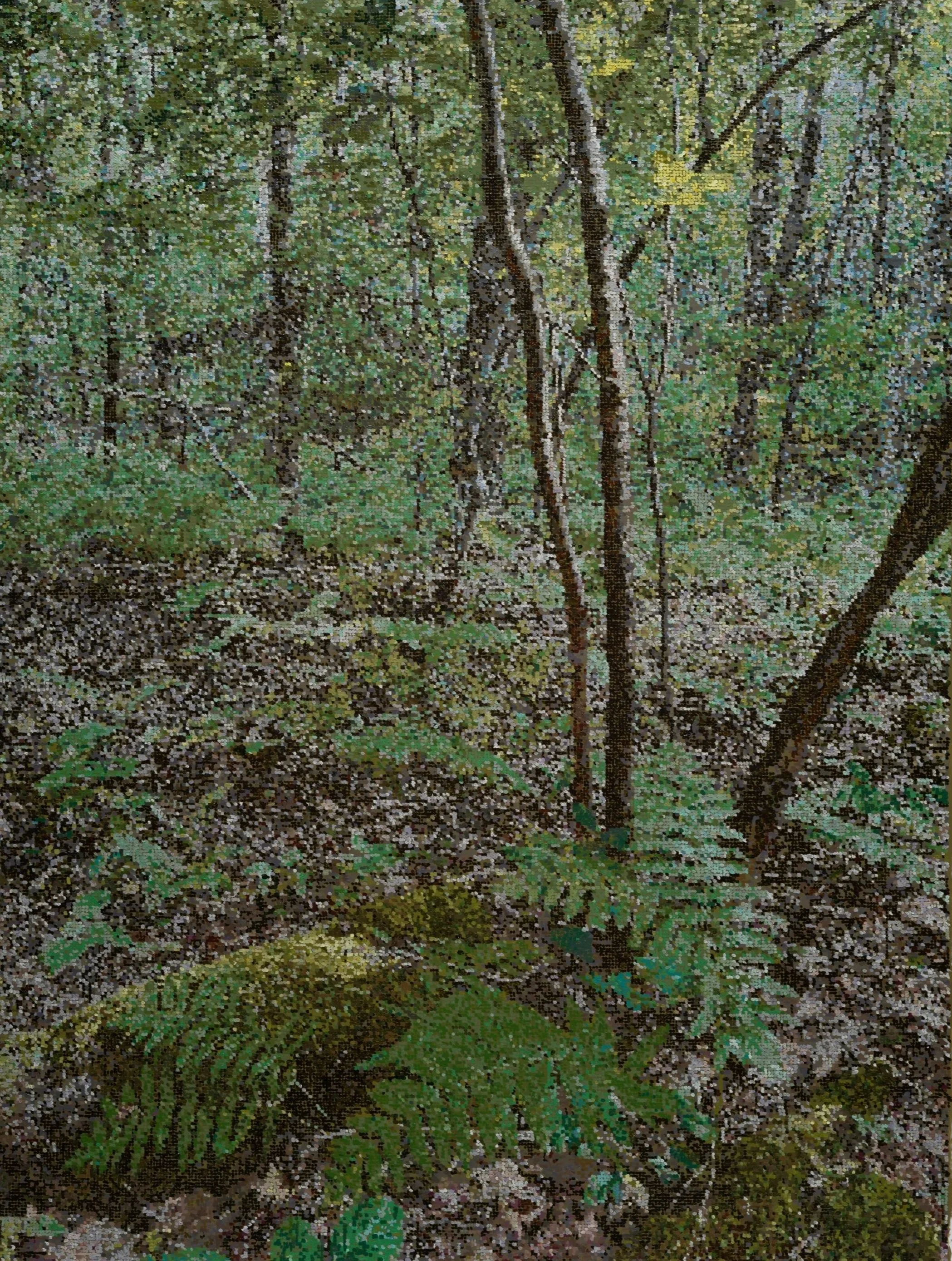 Ferns in Maine, 2024. Acrylic and acrylic goauche on Duralar on panel, 50 x 38". 