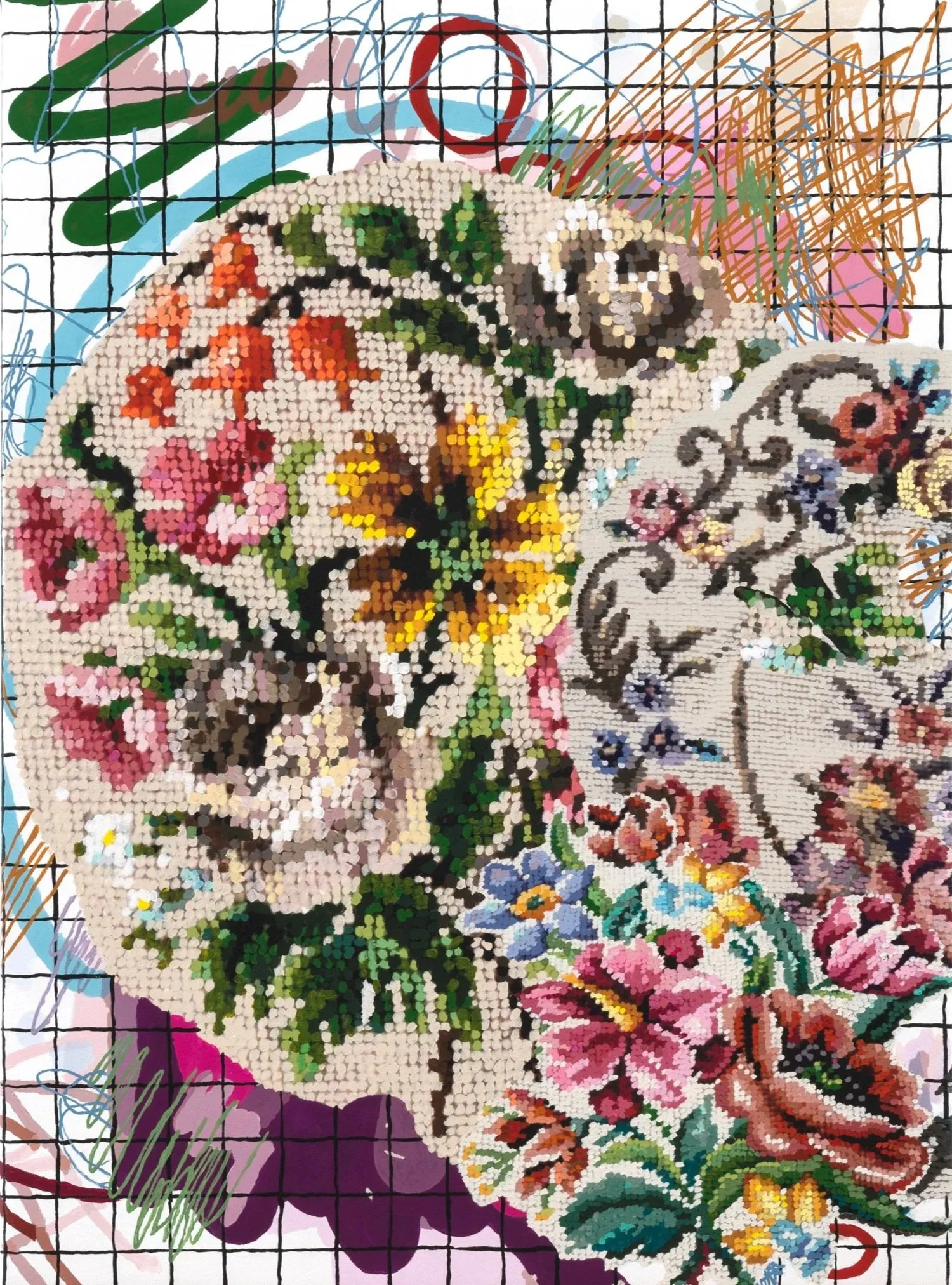 Embroidered Remix Scribble, 2021. Acrylic on Canvas, 30 x 22". 