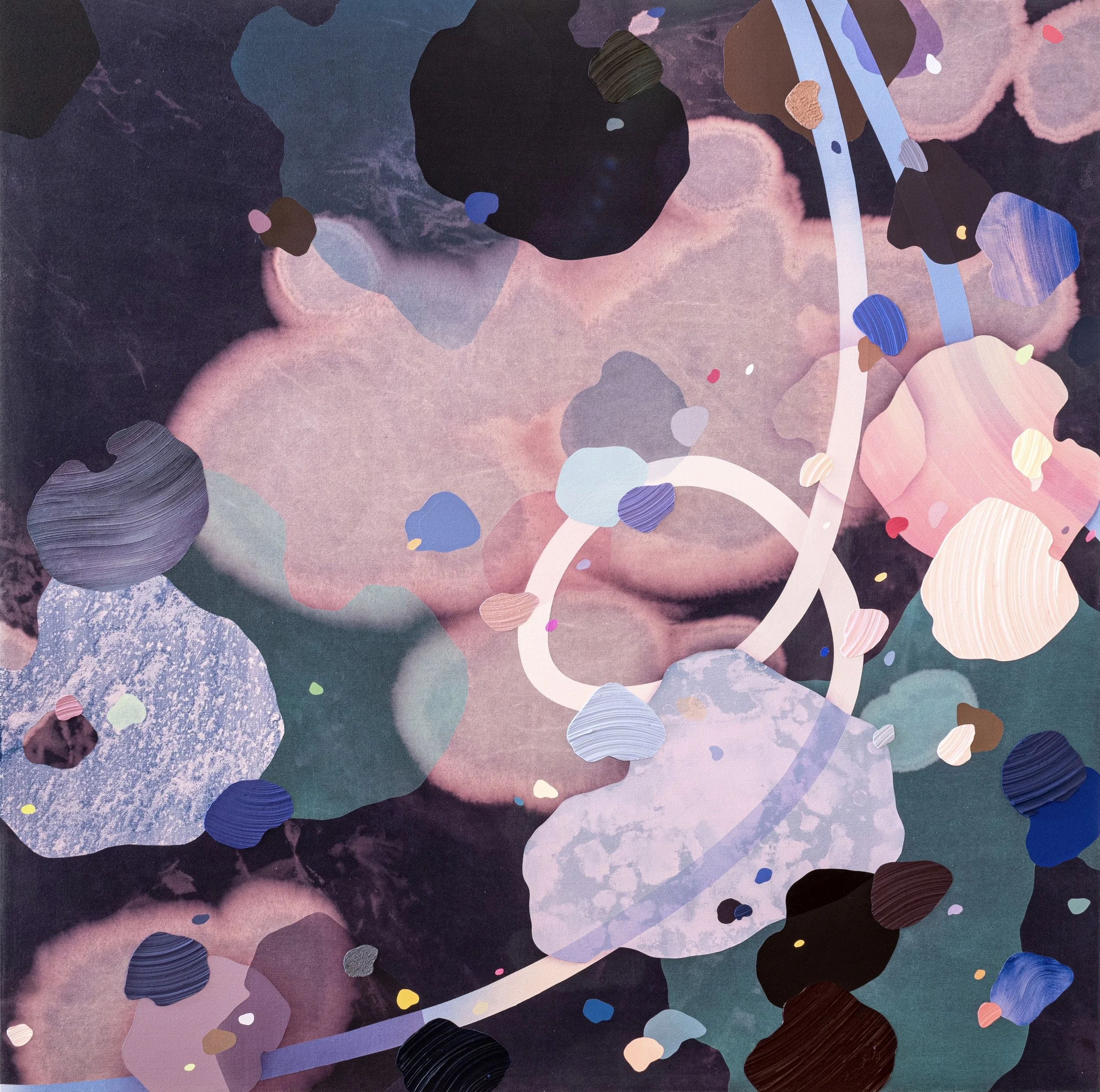 Funny Thing, 2023. Acrylic, ink, and Flashe on dyed and bleached canvas, 48 x 48". Sold.