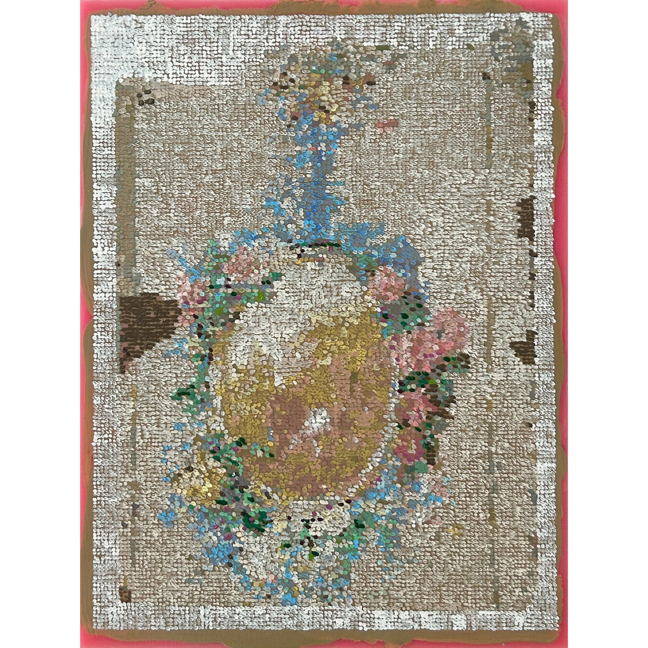 After French Wallpaper With Oval Floral Wreath, 9.5 x 7.25 in