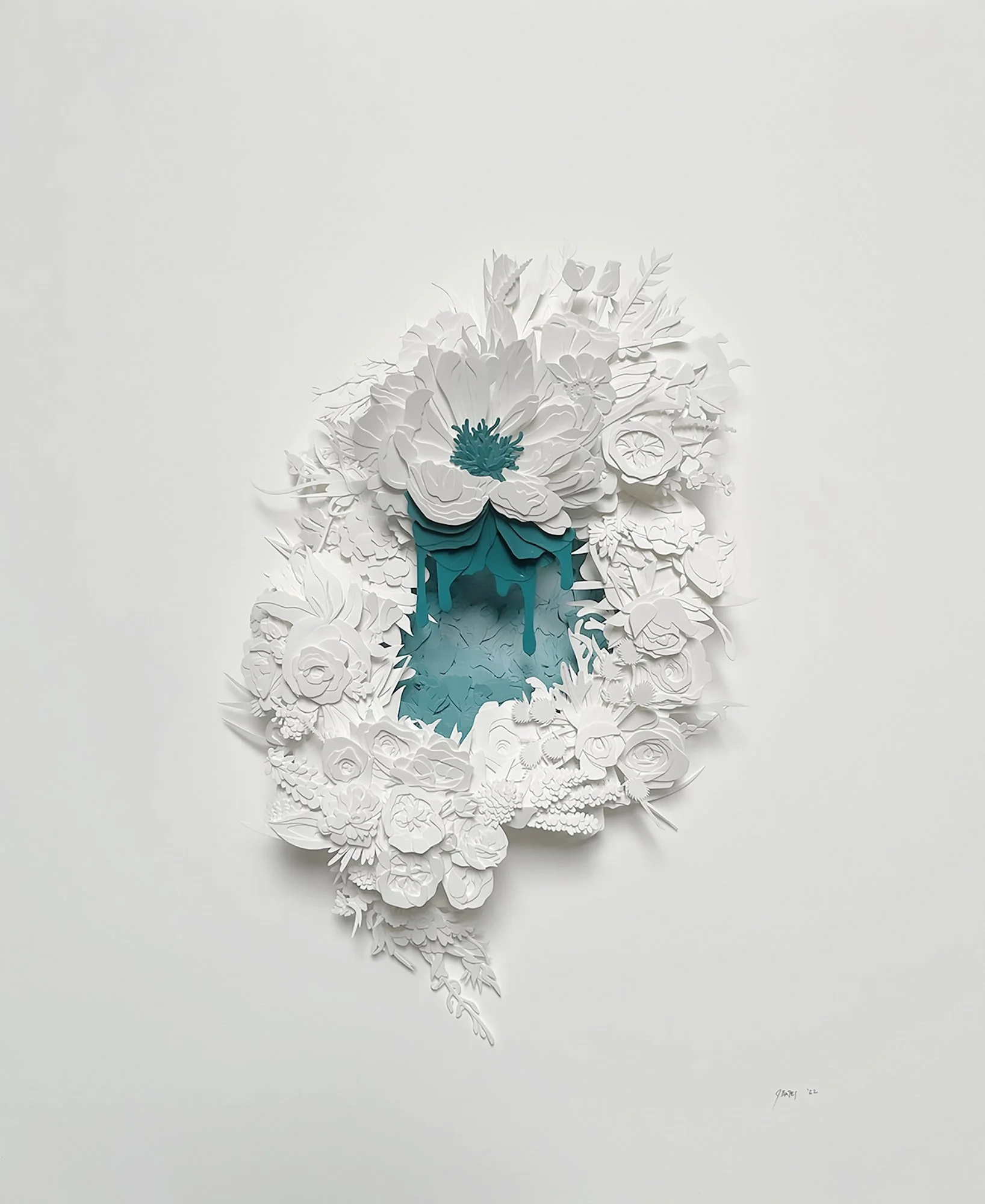 Explosion #16, 2022. Cut paper, glue, acrylic paint, 15 x 24 x 3”. 