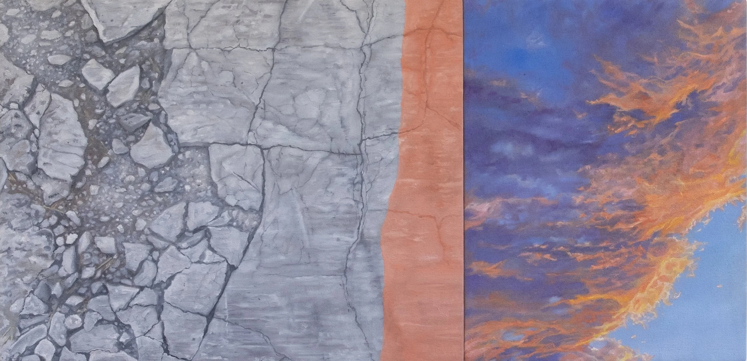 Crushed Concrete/Shared Sky, 2025. Oil on canvas (two canvases joined), 14 x 29". 