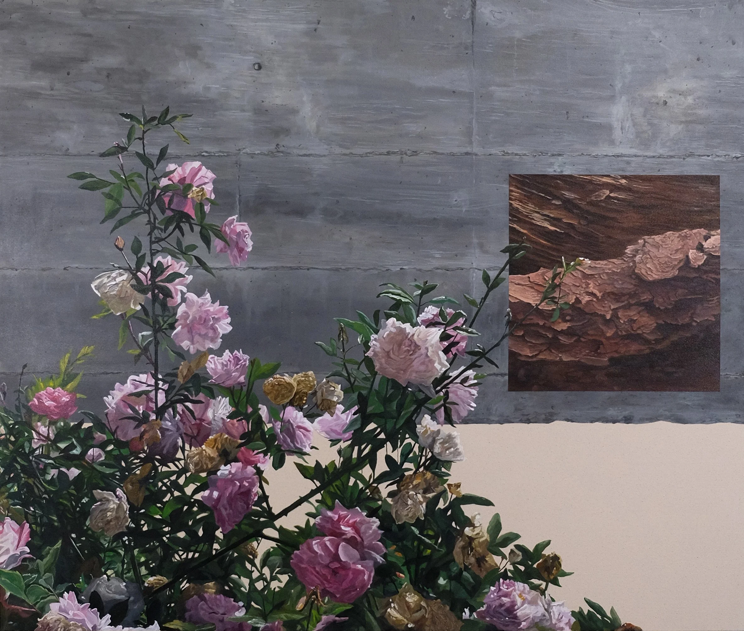 Roses/Concrete/Layered Rock, 2025. Acrylic on canvas, 48 x 56". 