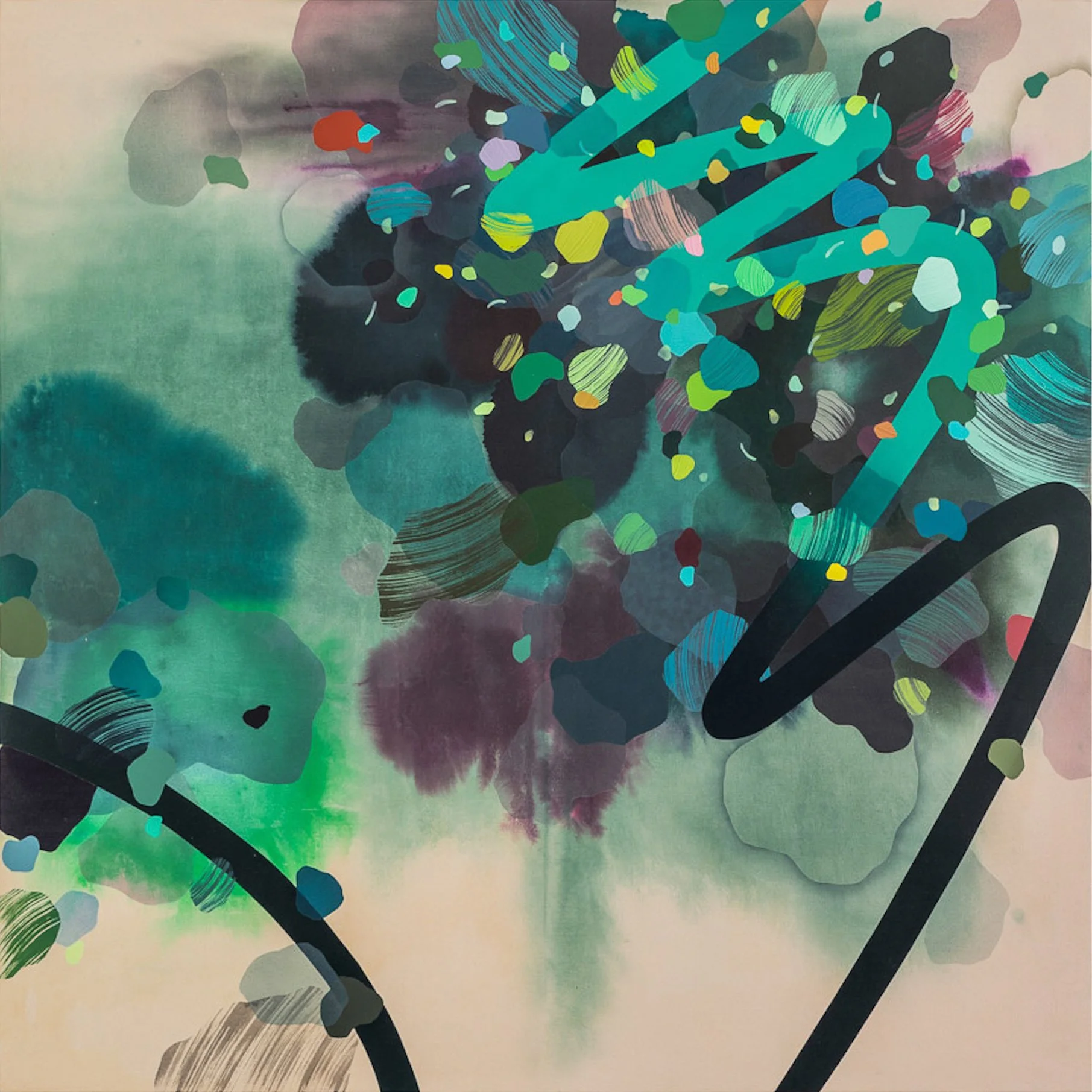 Entangled Expanse, 2022. Acrylic, ink, Flashe and oil on canvas, 72 x 72". Sold.