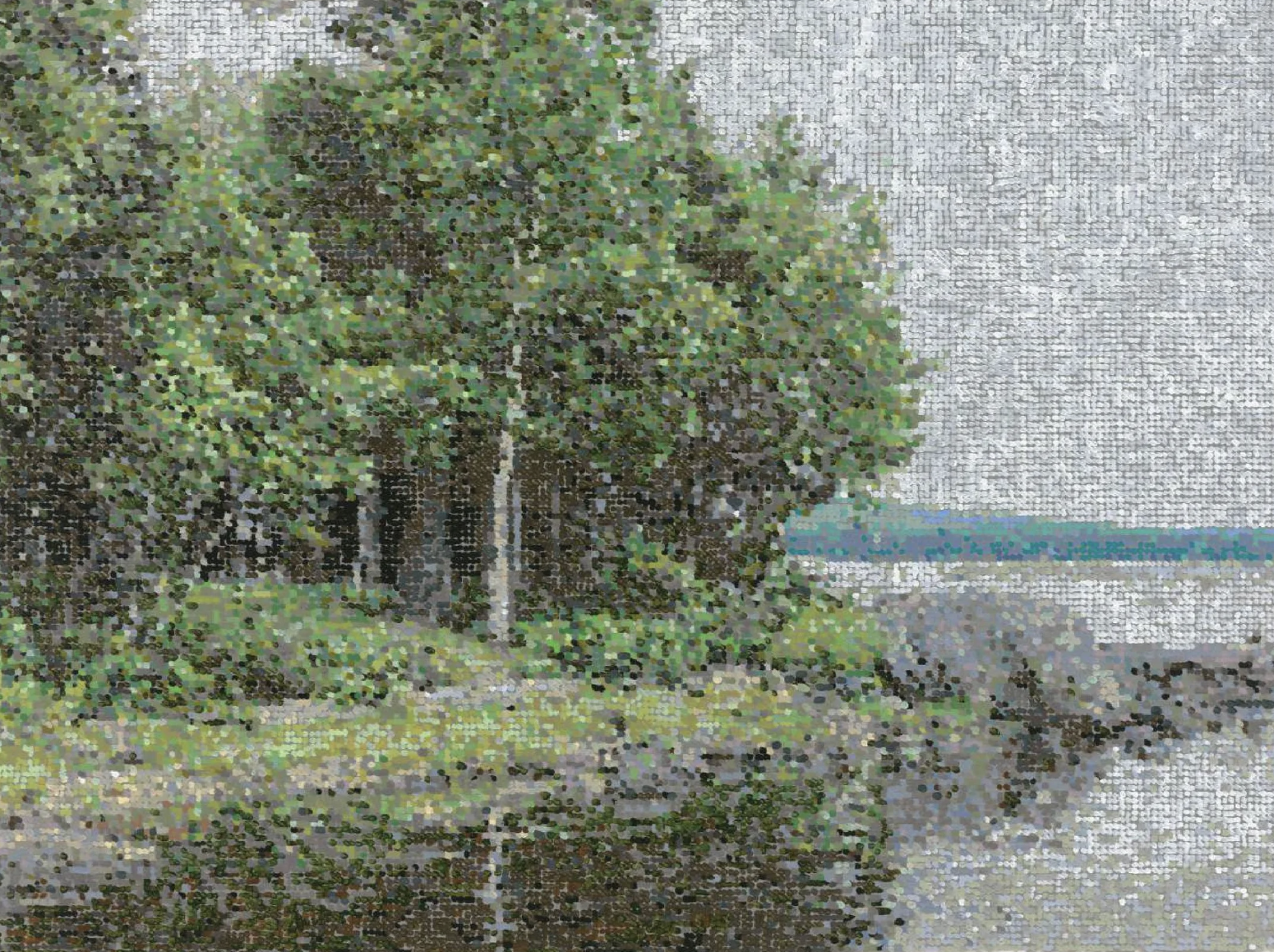 A pixelated image of trees along a water body on a cloudy day.