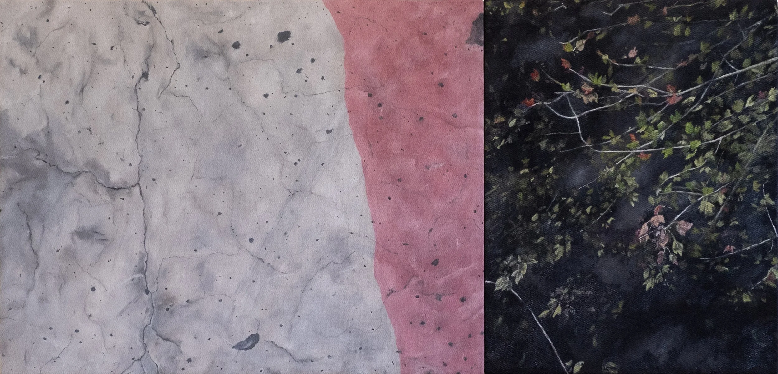 Concrete/Branches at Night, 2025. Oil on canvas (two canvases joined), 14 x 29". 