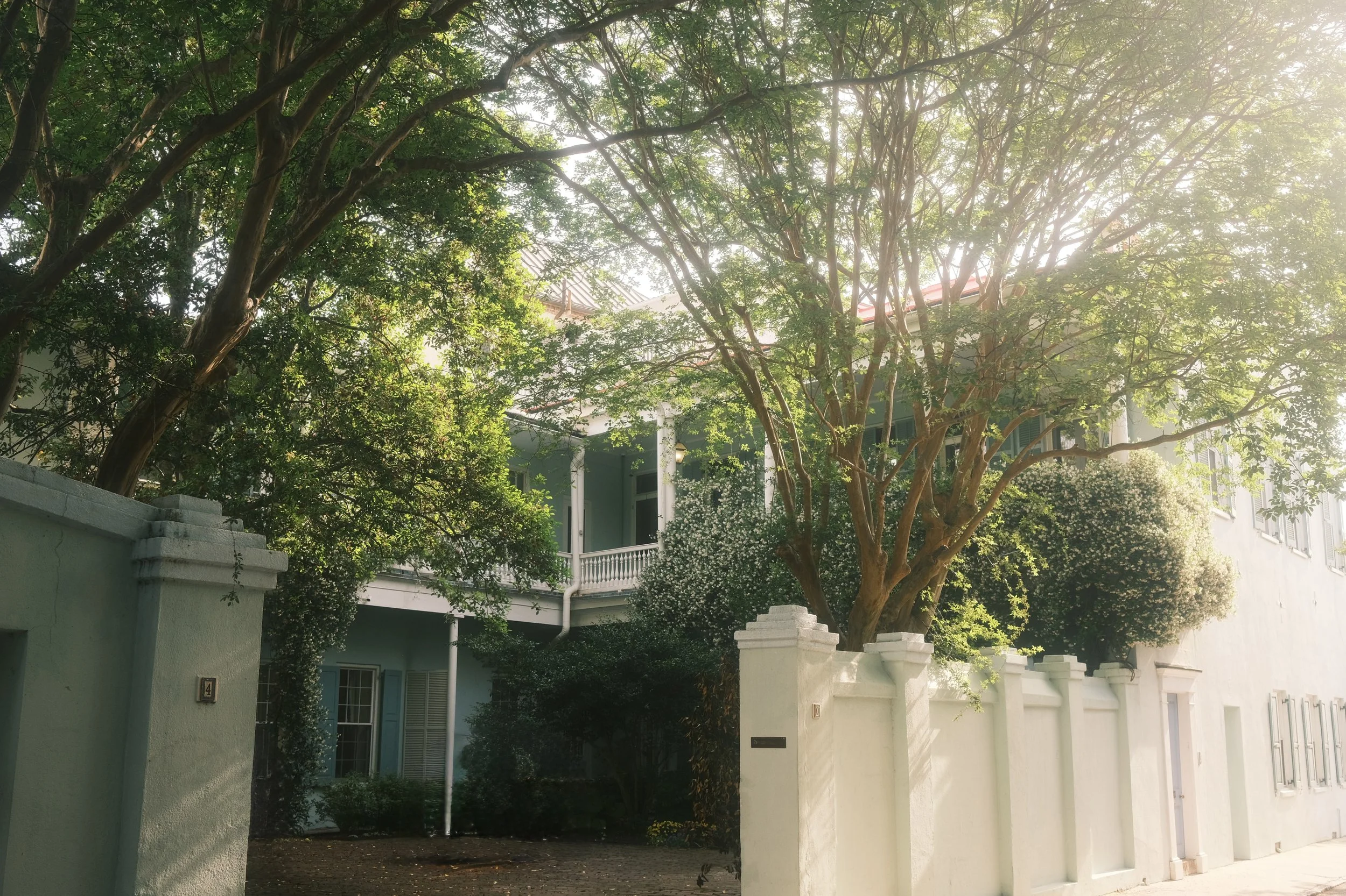 A house with a white fence, large trees, and green foliage, with sunlight creating a glow and shadows.