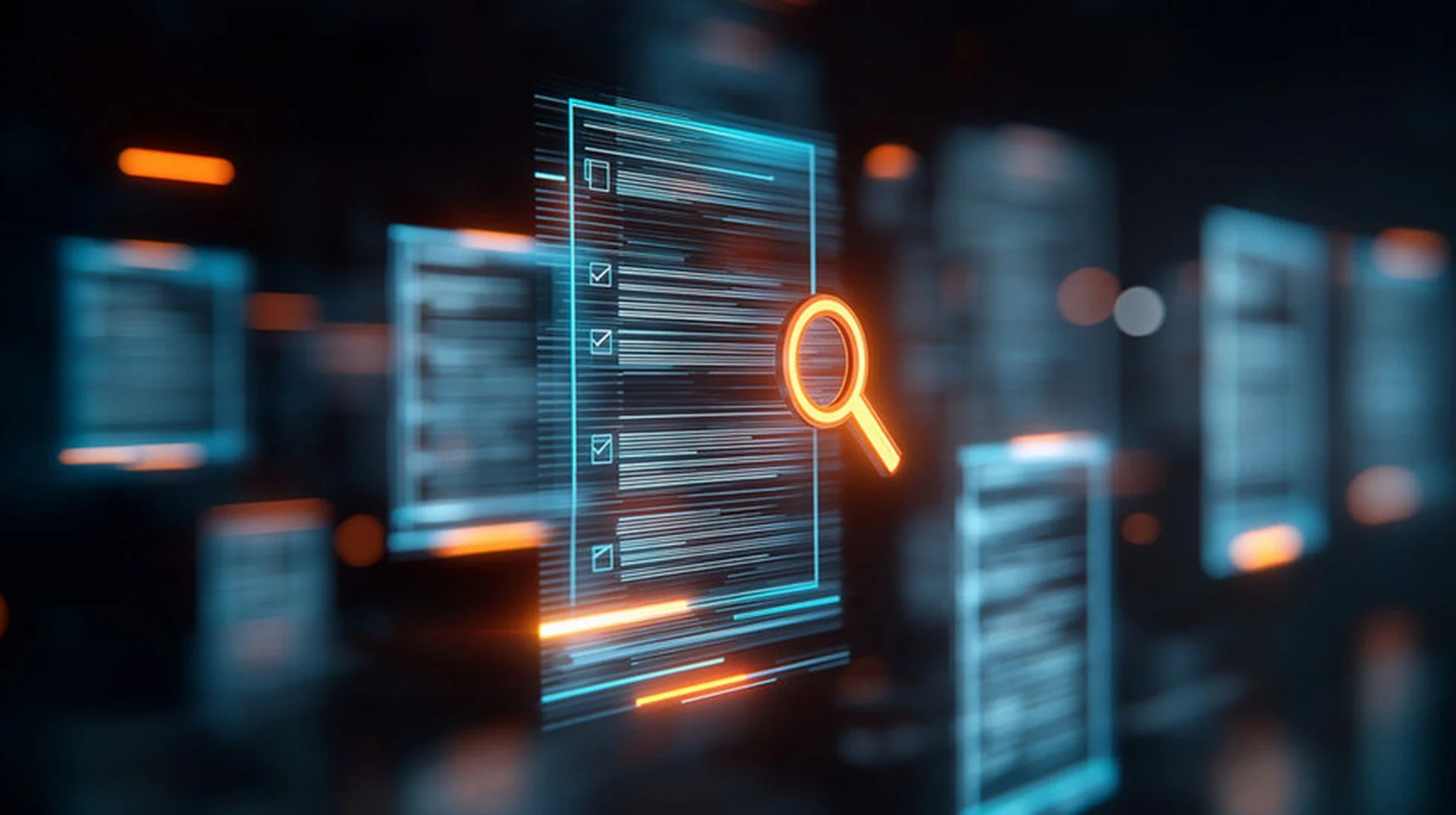Digital interface with floating documents and a highlighted magnifying glass icon in orange, representing search or exploration.