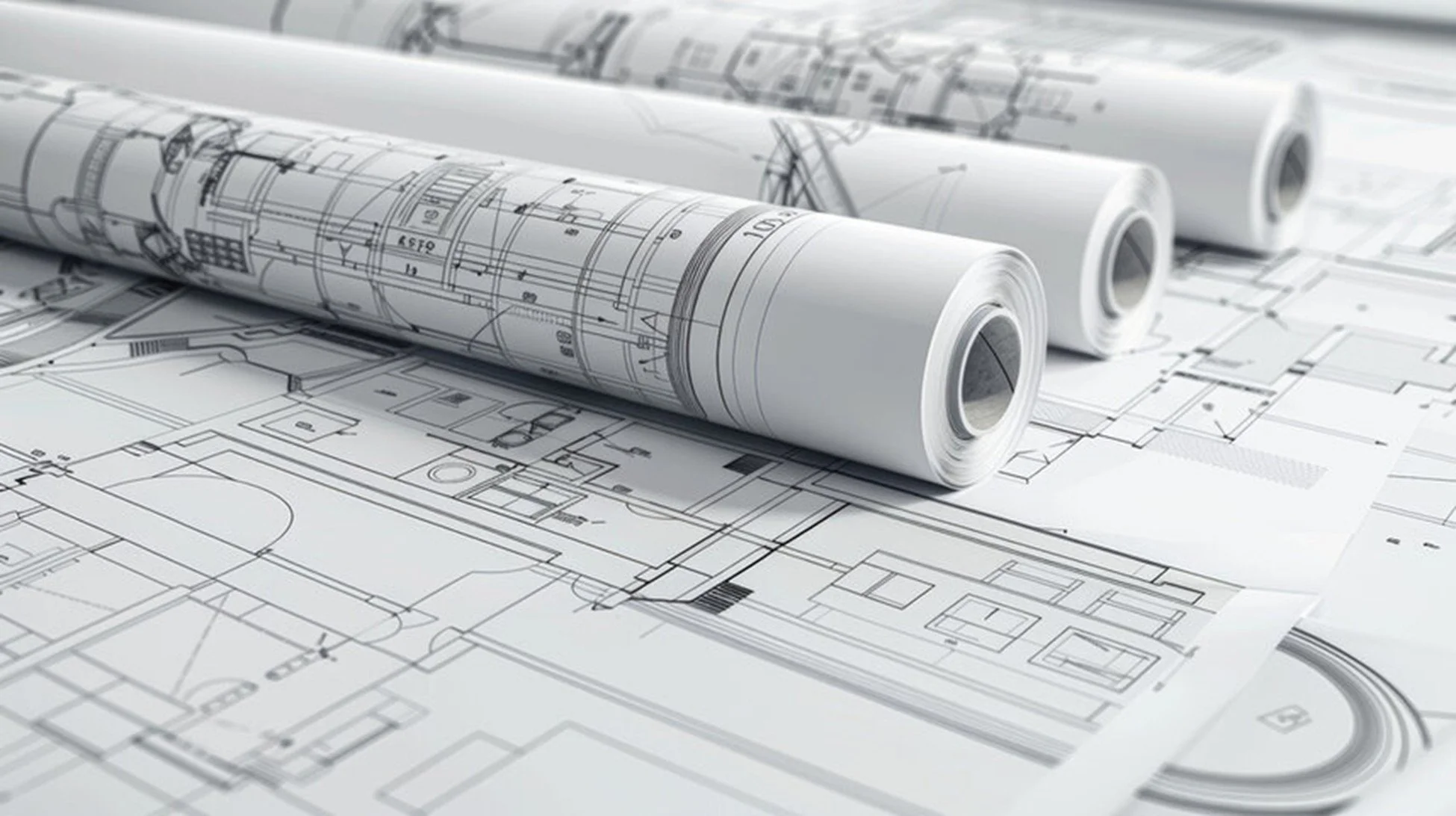 Architectural blueprints and rolled-up construction plans.