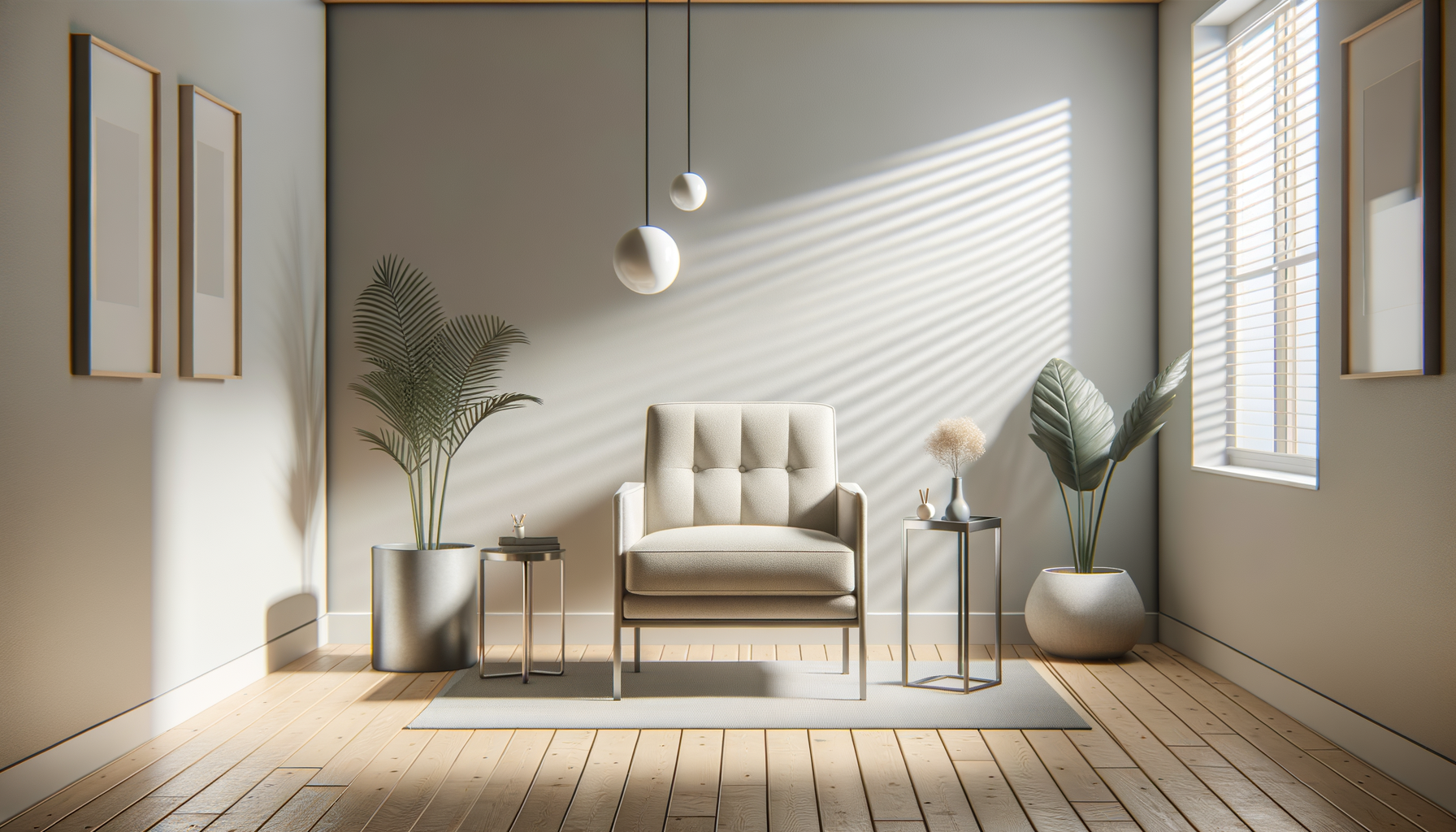 A modern, minimalist living room with a beige upholstered armchair centered on a light wood floor. Two small side tables with decorative items flank the chair, and large potted plants are on either side. Sunlight filters through horizontal blinds, casting shadows on the beige wall.