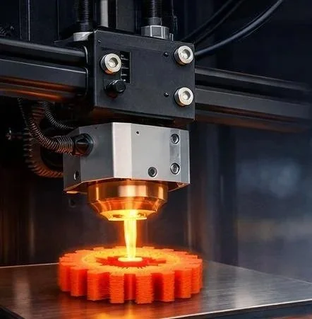 A 3D printer in action, extruding orange filament onto a gear-shaped object.