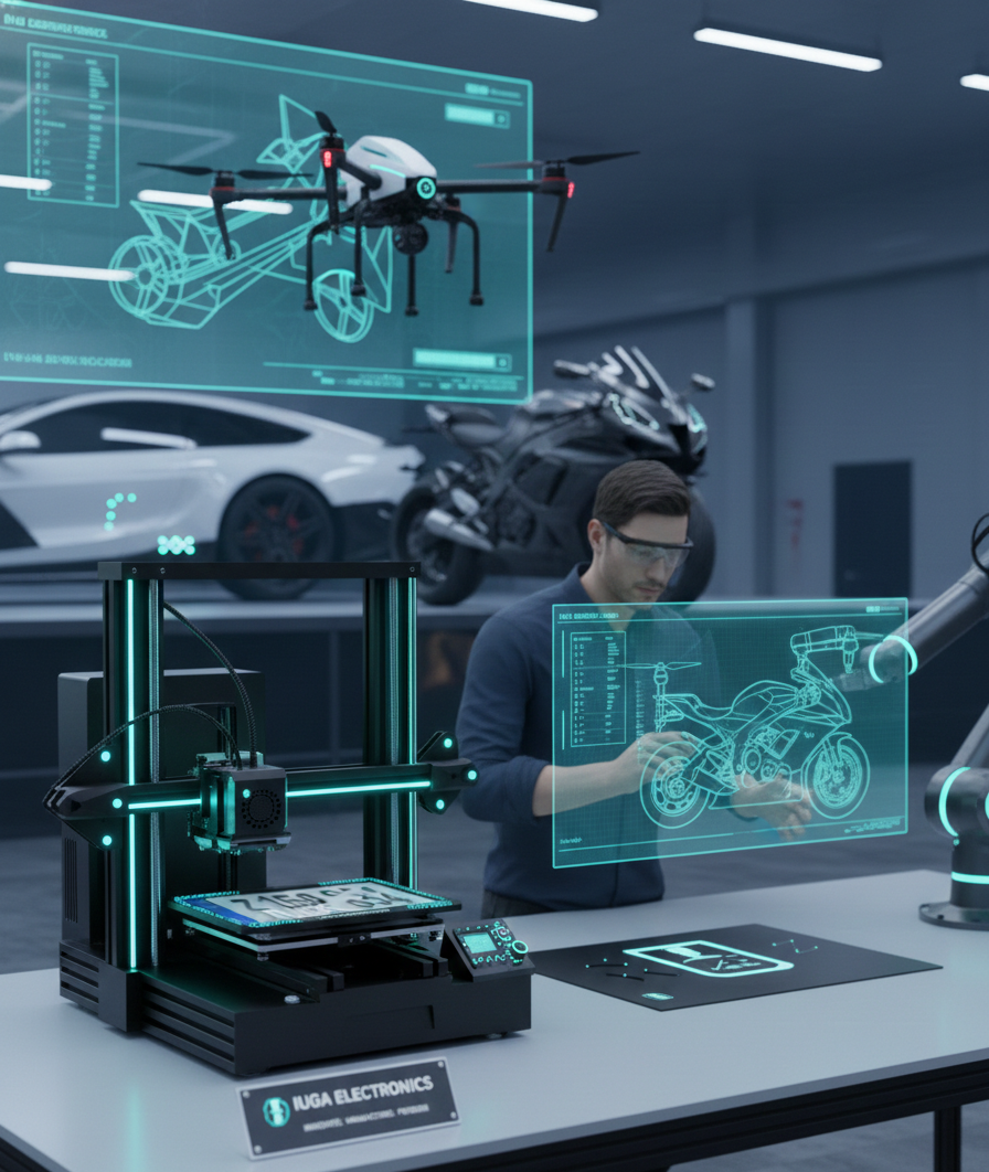 A person wearing safety glasses working on a holographic display of a motorcycle in a high-tech garage with vehicles and drones.