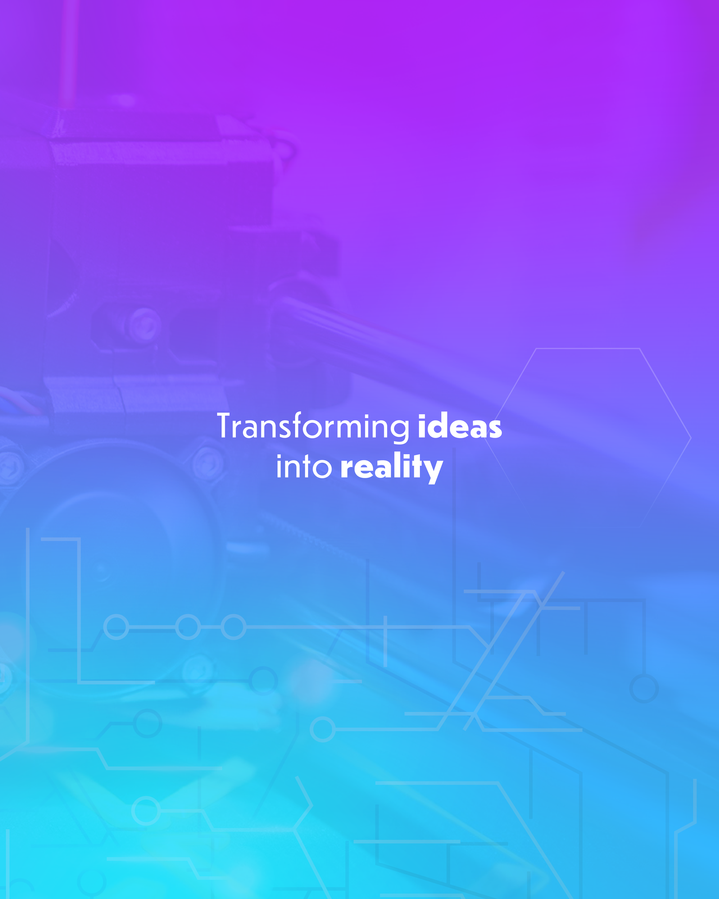 Background image of a robot's mechanical arm with futuristic digital overlays and the text "Transforming ideas into reality" in the center.
