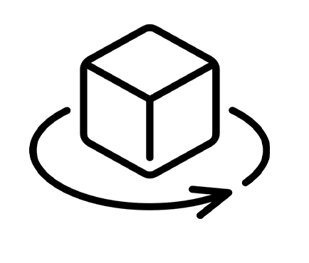 Line drawing of a 3D cube with an arrow circling it, indicating rotation or transformation.