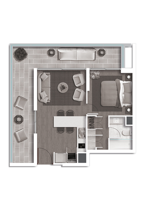 Top-down view of a one-bedroom apartment layout with a living room, kitchen, bedroom, bathroom, and outdoor patio area.