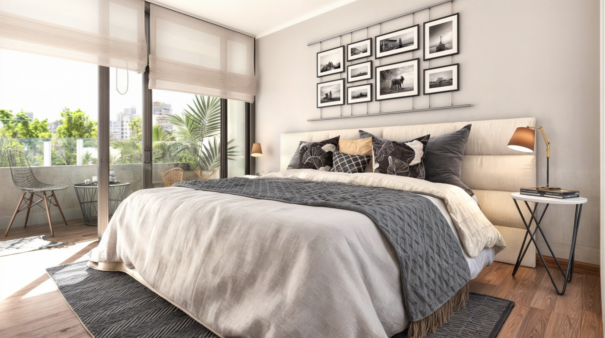 Modern bedroom with a large bed, black and white cushions, and framed photos on the wall. Glass sliding doors open to a balcony with plants and city views.