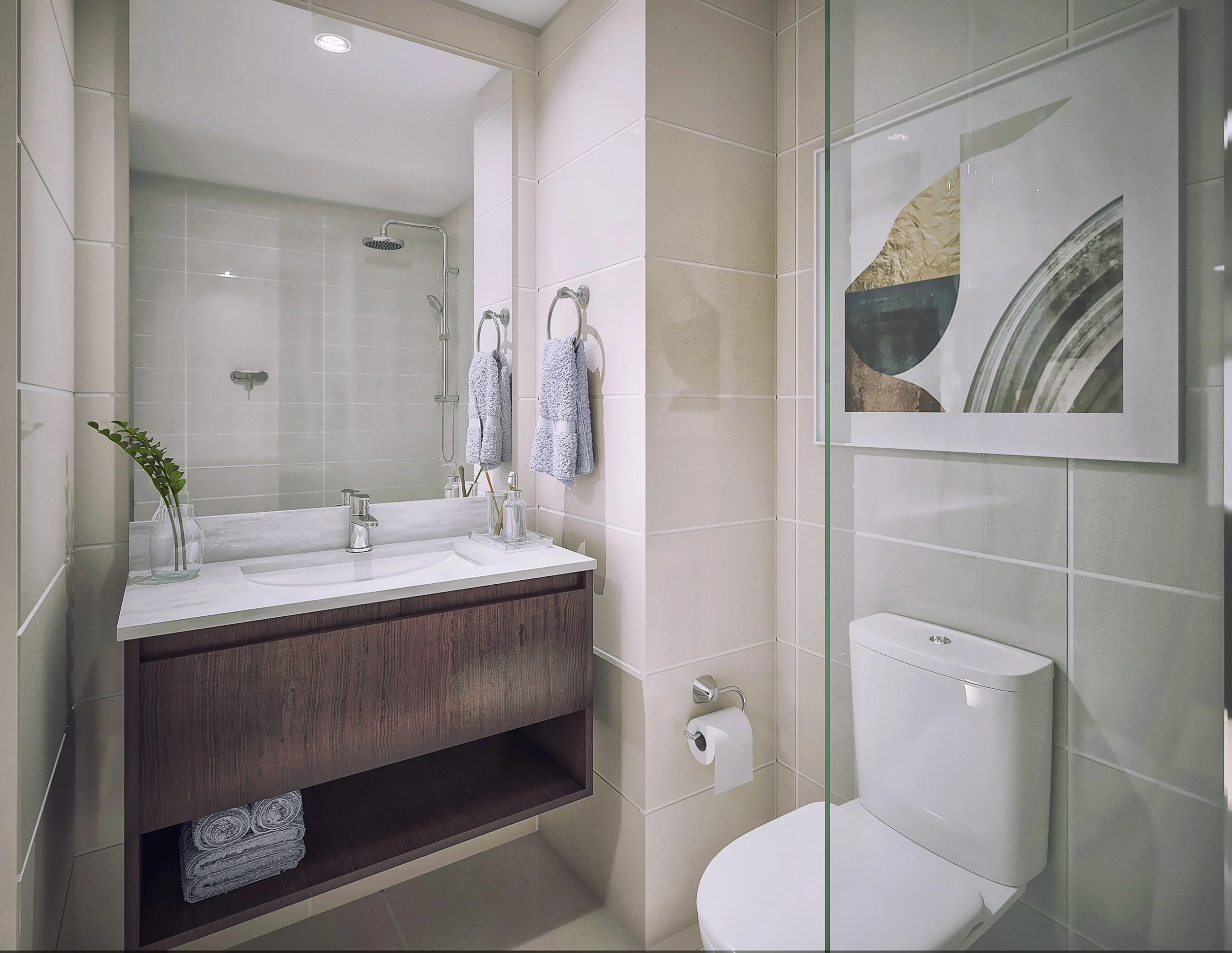 Contemporary bathroom with a wooden vanity, white countertop, large mirror, shower with rainhead, towel hooks, artwork on the wall, and a toilet with a toilet paper holder.