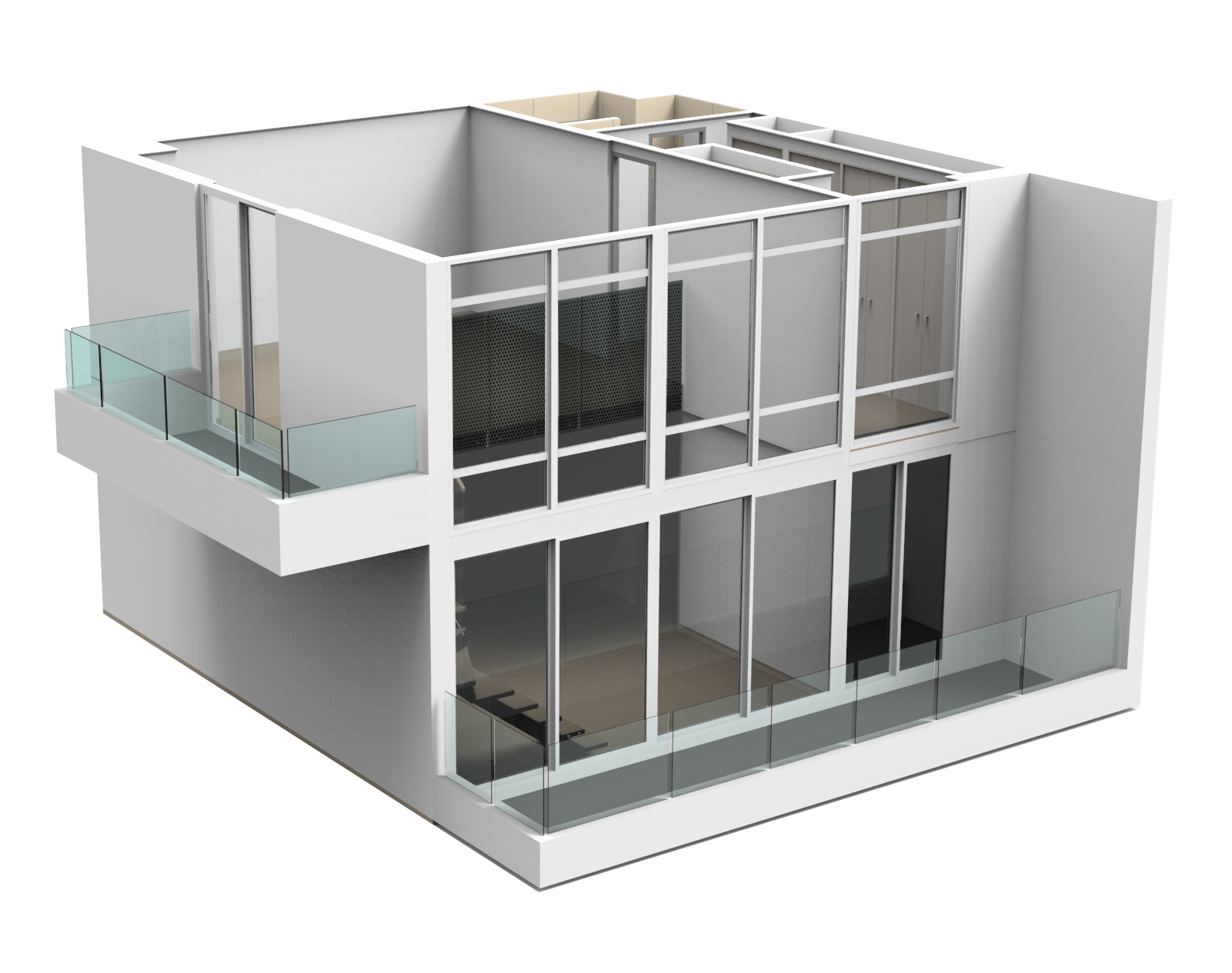 3D rendering of a modern, multi-story house with large glass windows and balconies with glass railings on each floor.