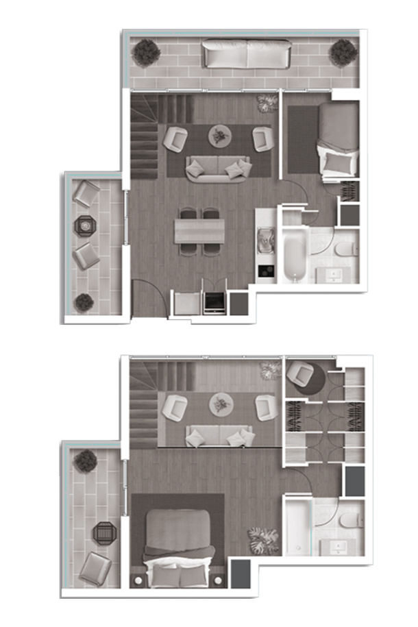 Floor plans of a two-story apartment with living room, dining area, kitchen, bedroom, bathroom, and balcony.