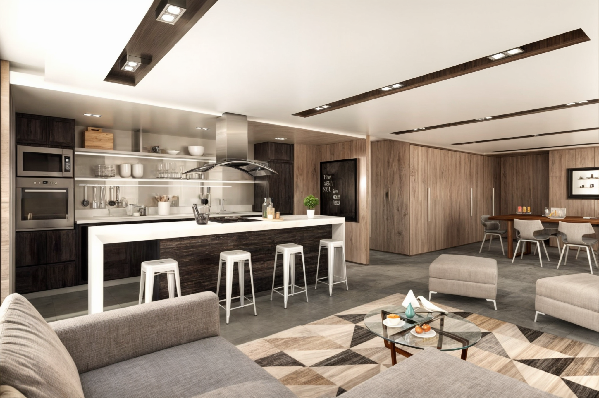 Open concept living room and kitchen with modern decor, bar stools, and a round dining table.