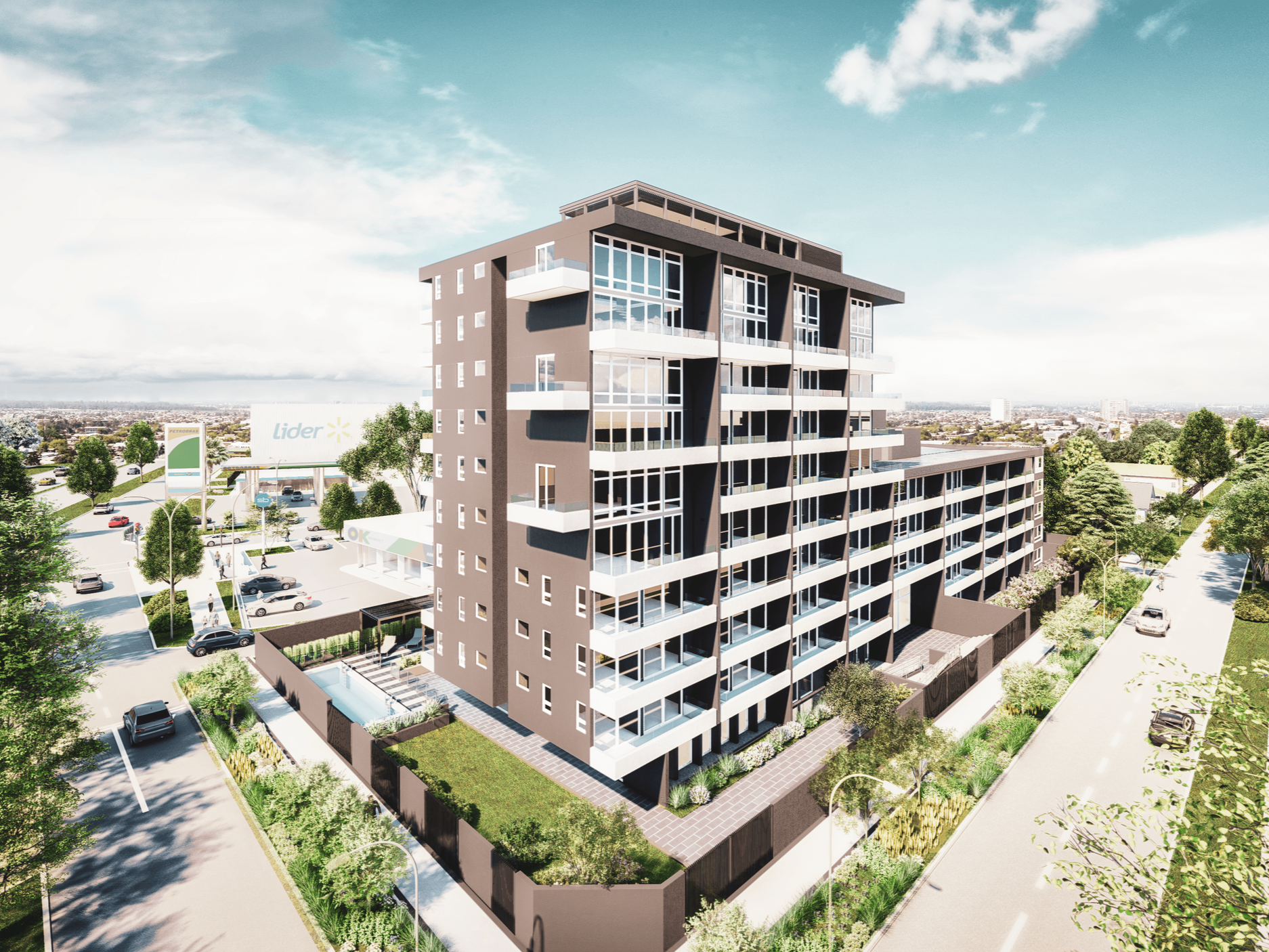 A modern multi-story residential building with balconies, surrounded by greenery and parking areas, under a partly cloudy sky.