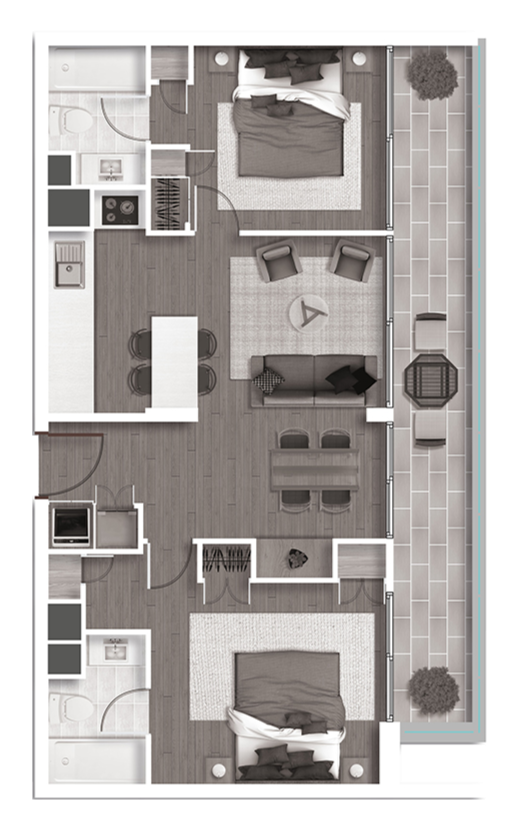 A top-down view of a two-bedroom apartment floor plan featuring a living room, kitchen, dining area, two bedrooms, two bathrooms, laundry area, and a balcony with outdoor furniture and potted plants.