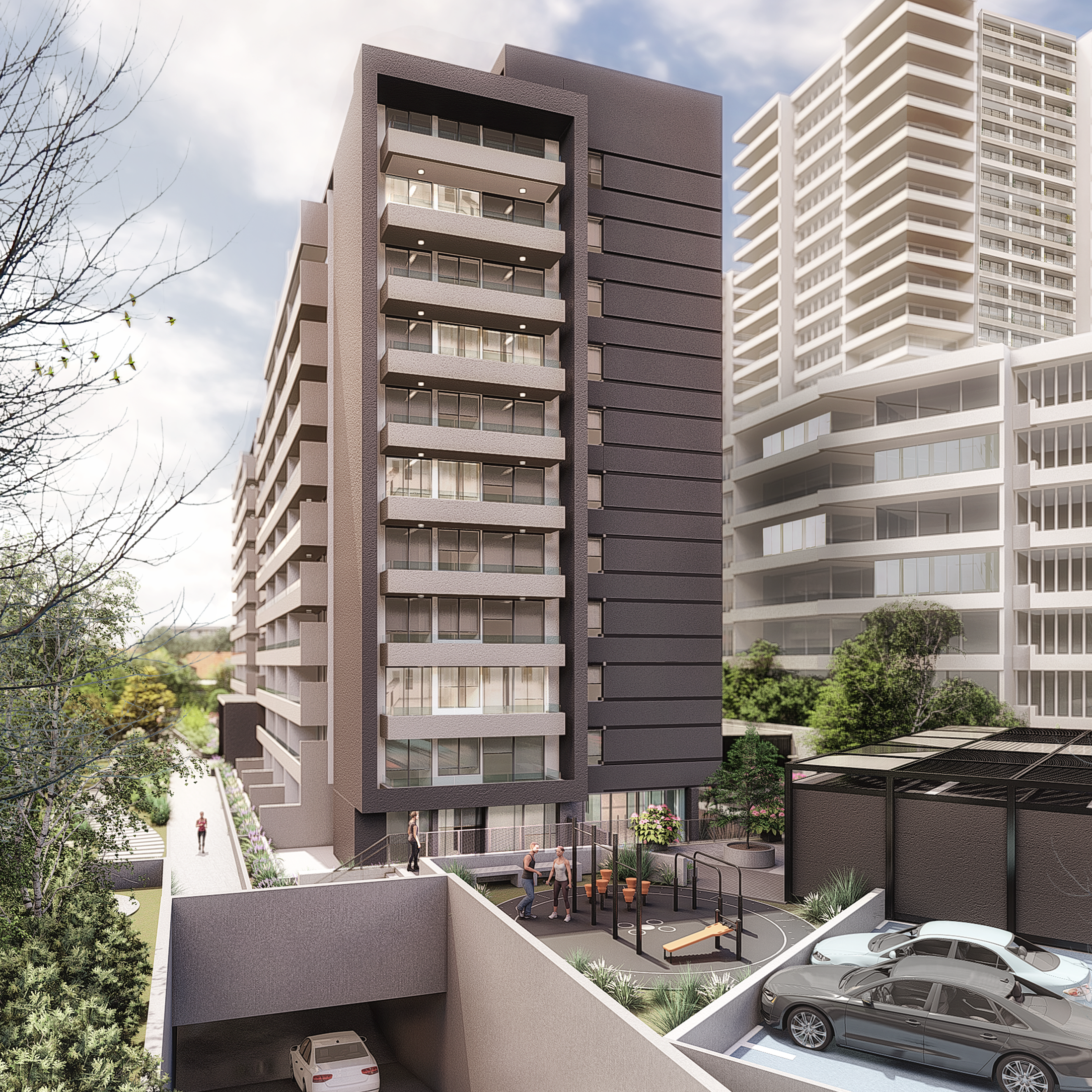 Modern multi-story apartment building with balconies, outdoor communal area with exercise equipment, parking lot, and landscaped greenery.