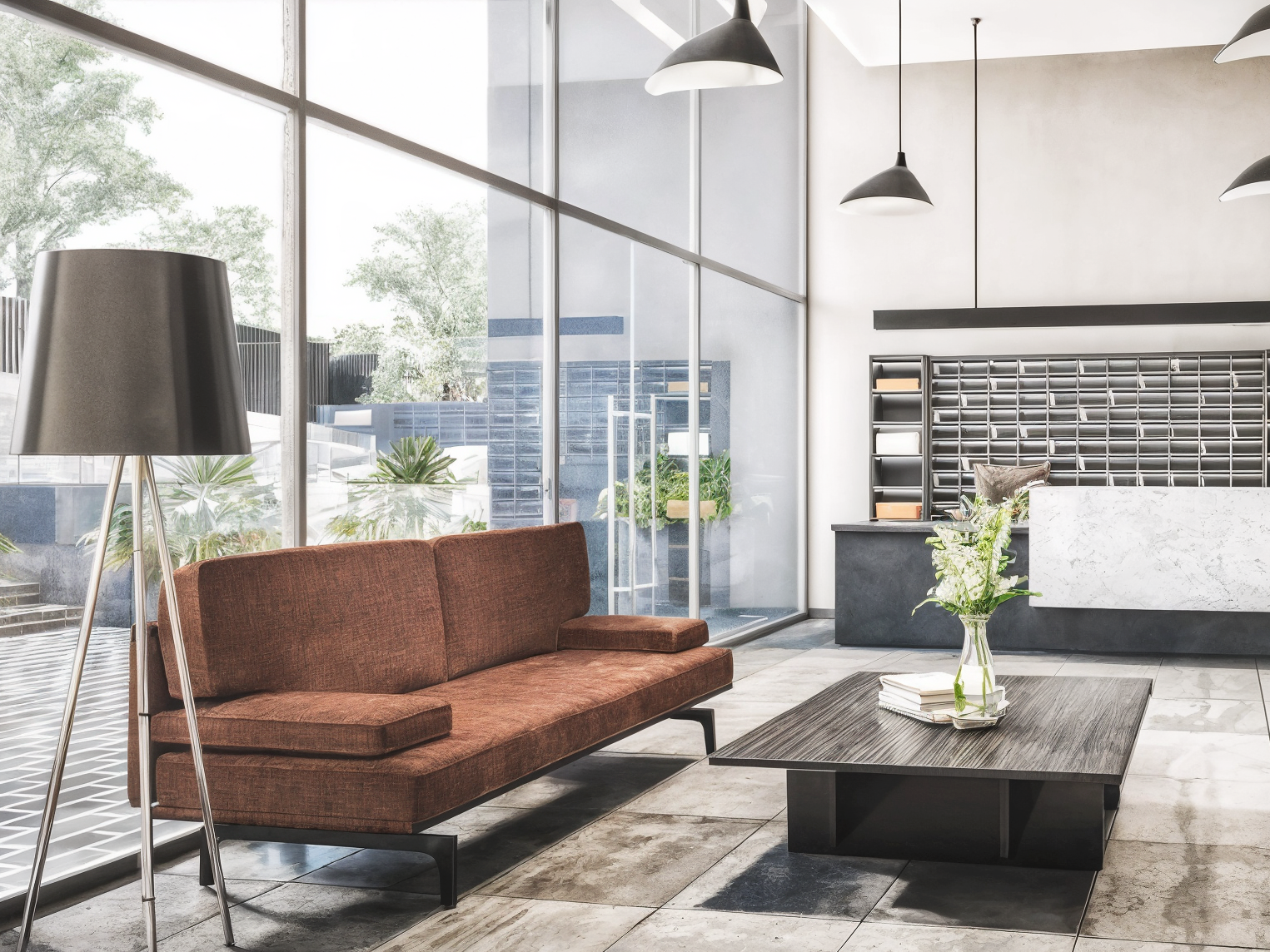Modern hotel or office lobby with large glass windows, a brown sofa, a black coffee table with books and a flower vase, a standing lamp, wall-mounted pendant lights, and a reception desk with mailboxes.