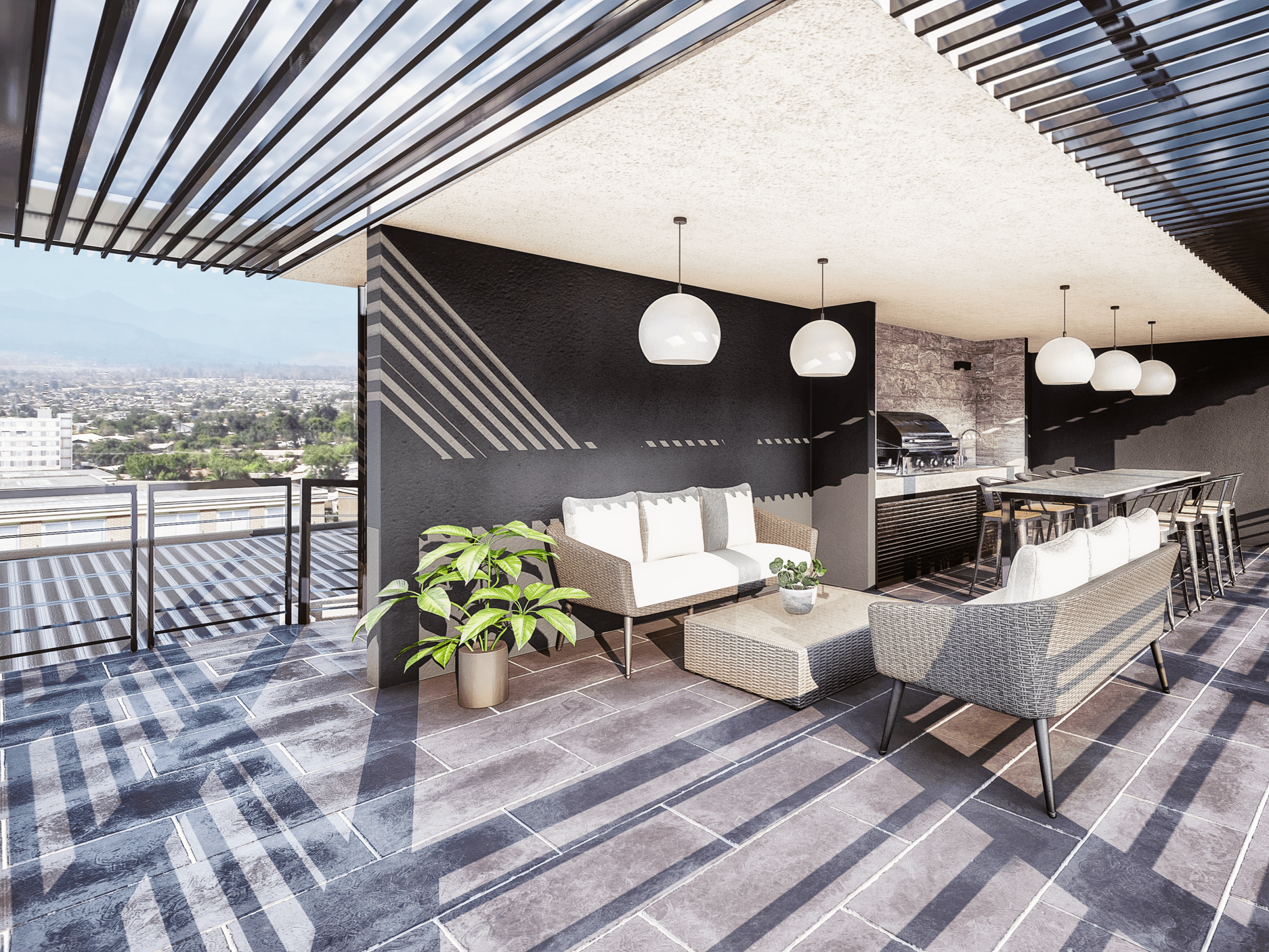 Modern rooftop balcony with seating area, potted plants, and a grill with city and mountain view in the background.