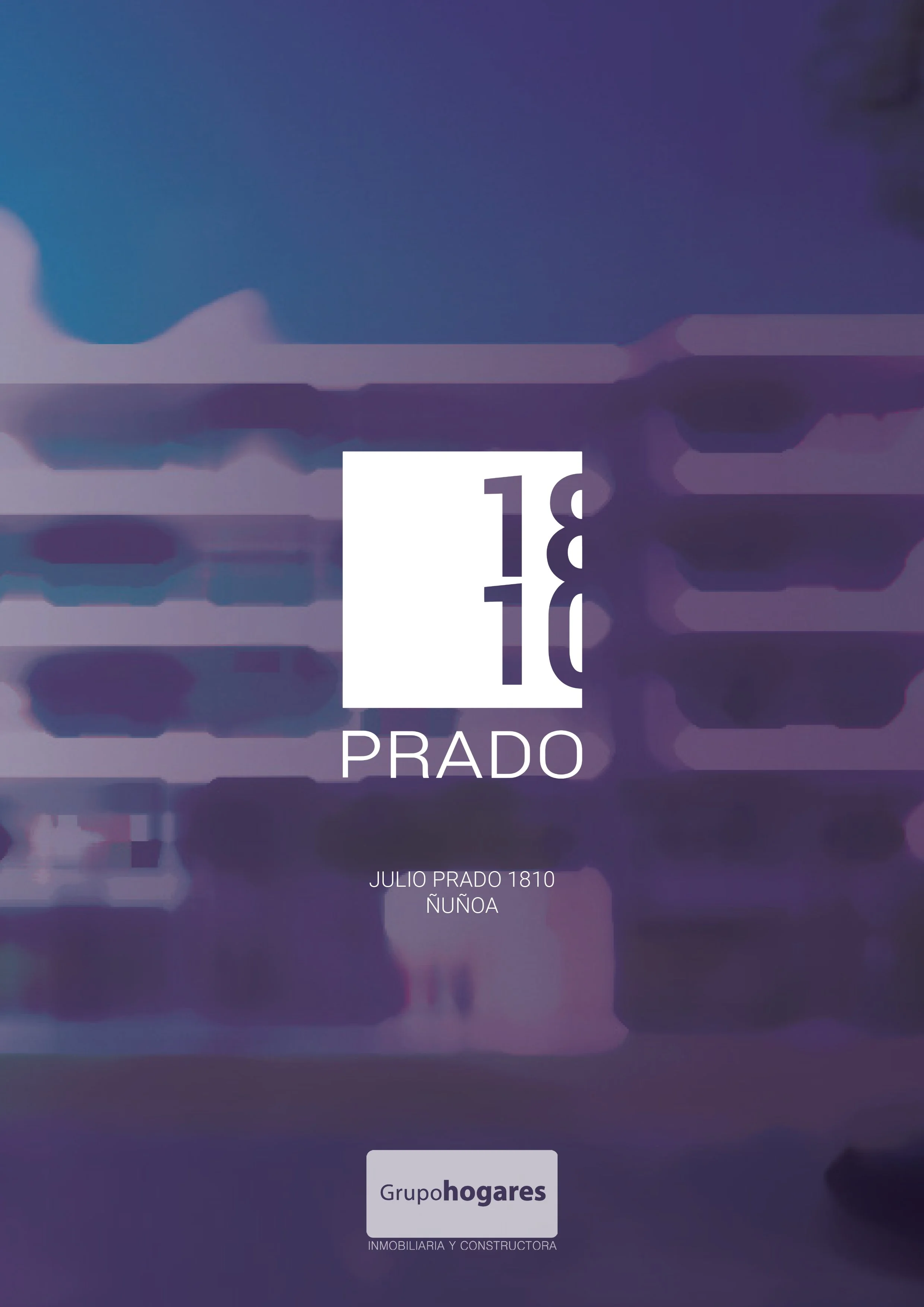 Cover page of a real estate promotional material featuring the logo of Grupo Hogares, with a modern building in the background. Text on the page mentions Julio Prado, 1810 Ñuñoa.
