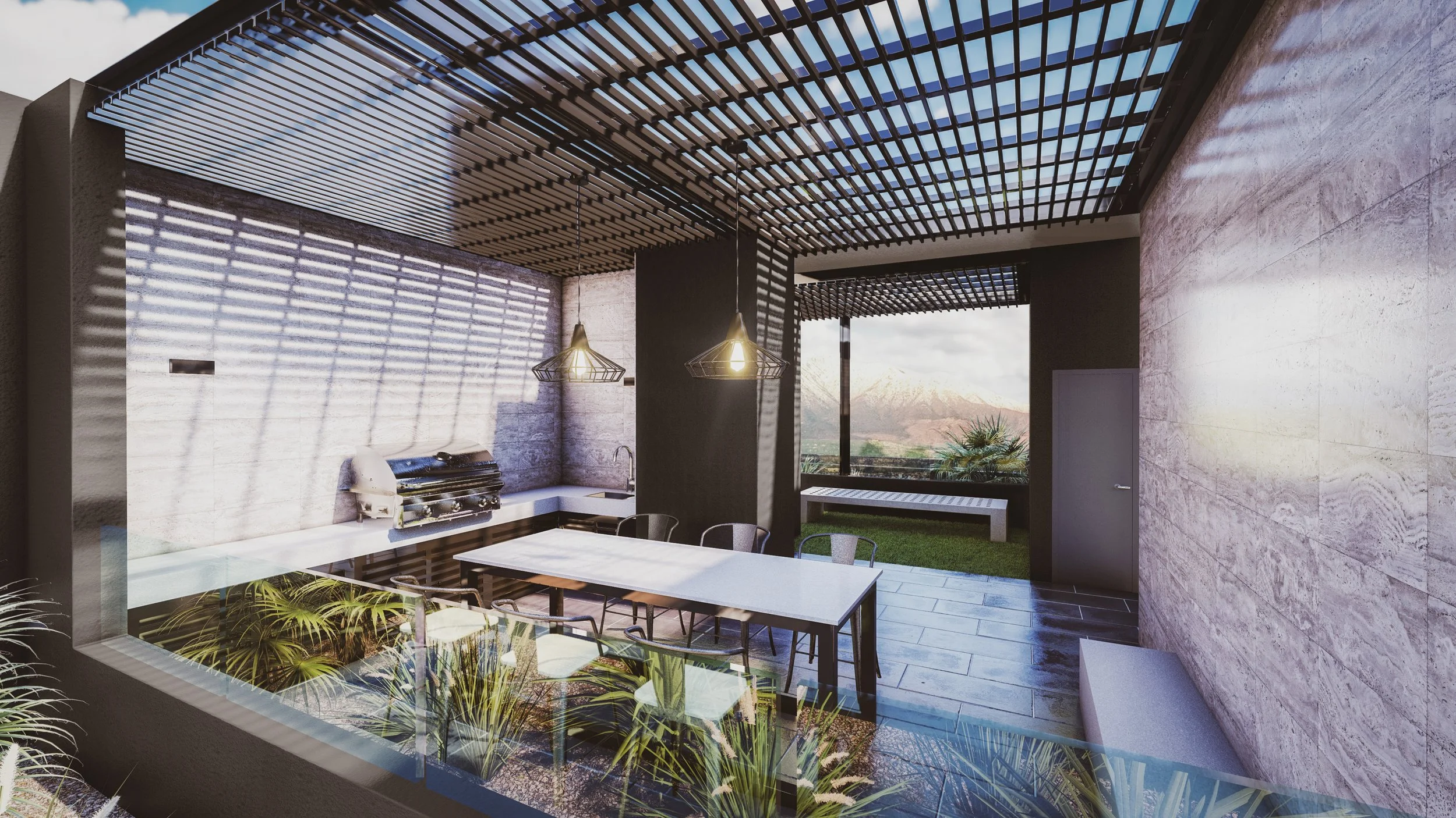 Modern outdoor patio with a long dining table and six chairs, a grill station, and decorative plants, with mountain views in the background.