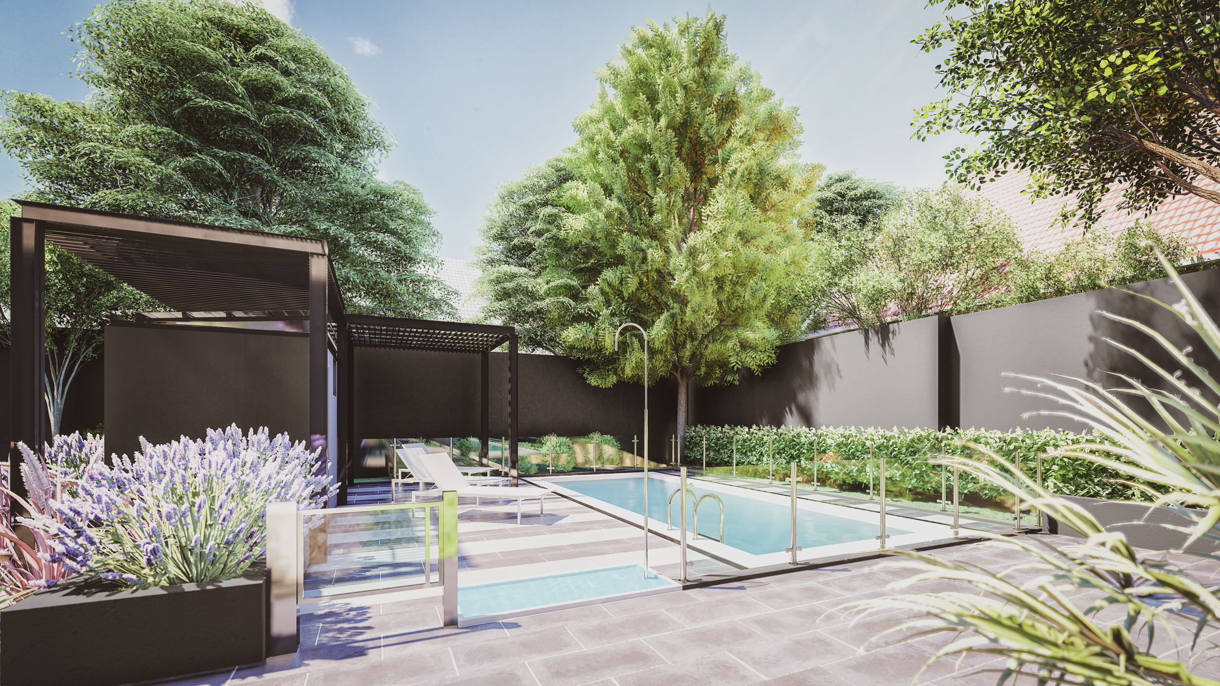 A modern backyard with a swimming pool, lounge chairs, lush green trees, and a black privacy wall under a blue sky.