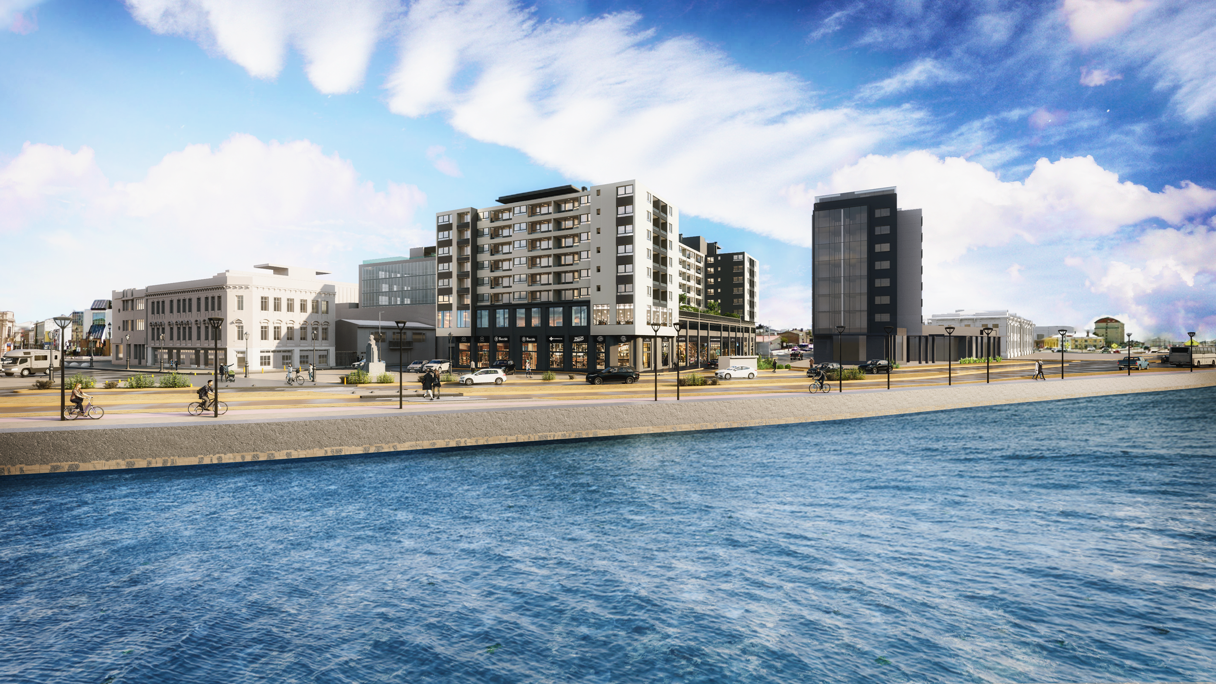 A digital rendering of a cityscape along a waterfront with modern and historic buildings, people cycling and walking on the promenade, cars on the street, and a partly cloudy sky.