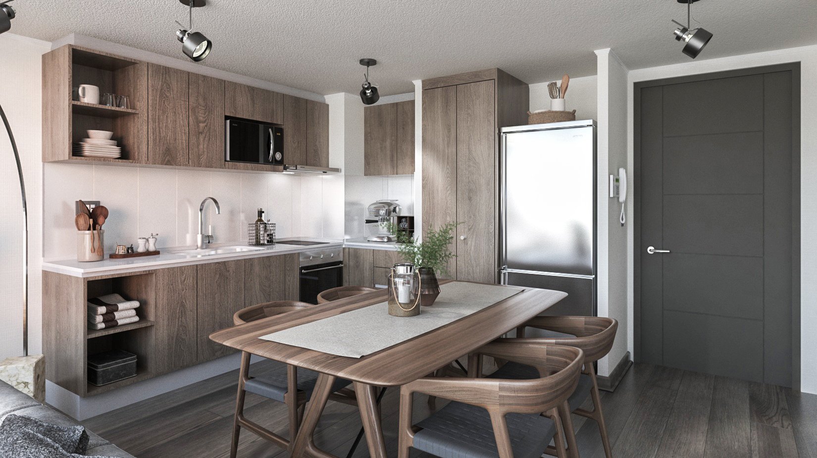 Modern kitchen with wooden cabinets, white countertop, dining table with four chairs, stainless steel refrigerator, microwave, coffee maker, potted plant, and minimalistic decor.