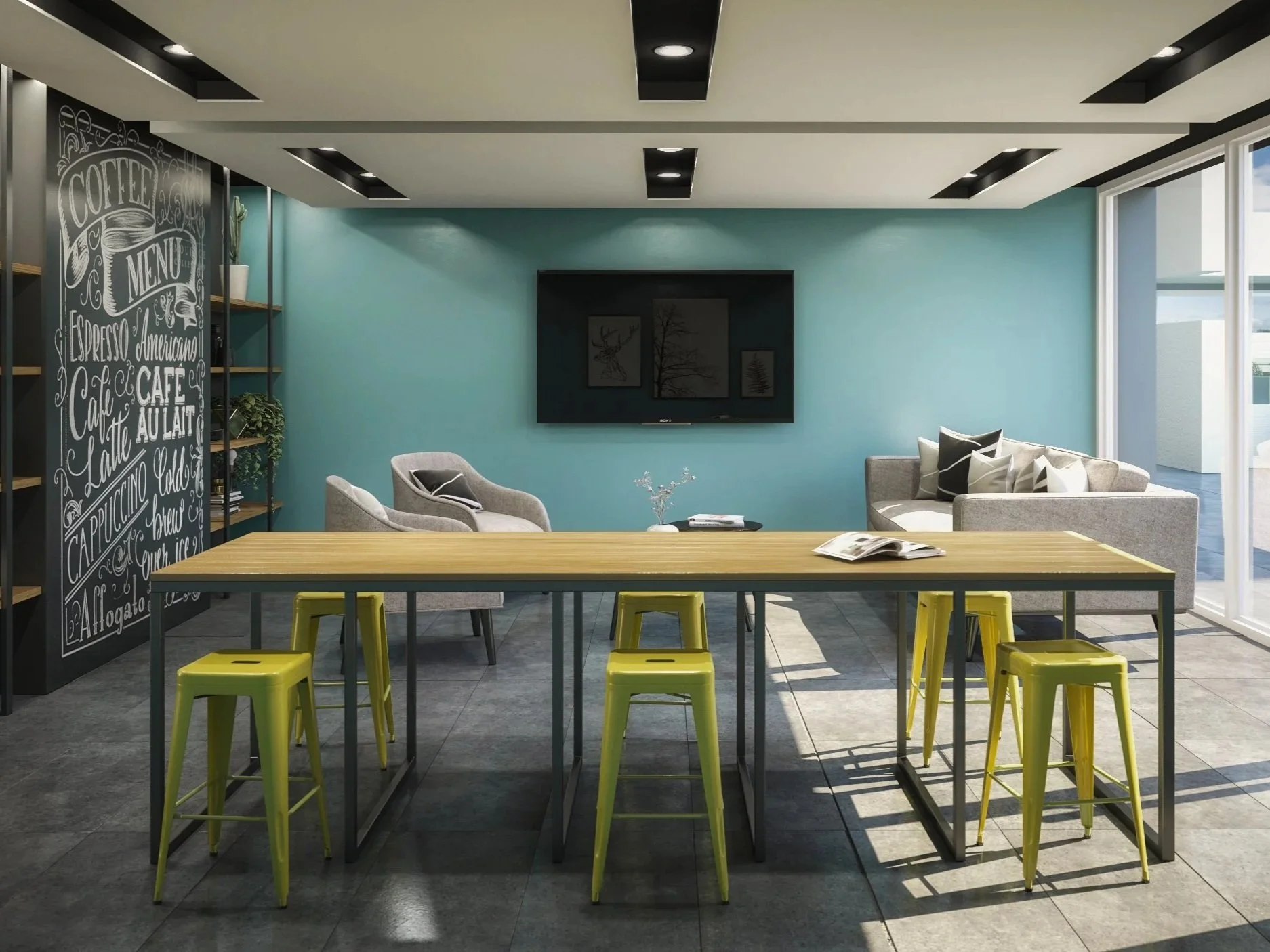 Modern living room with blue accent wall, wall-mounted TV, two gray armchairs, a gray sofa with pillows, a wooden table with yellow stools, open books, a decorative vase, large windows, and a chalkboard-style menu on the wall.