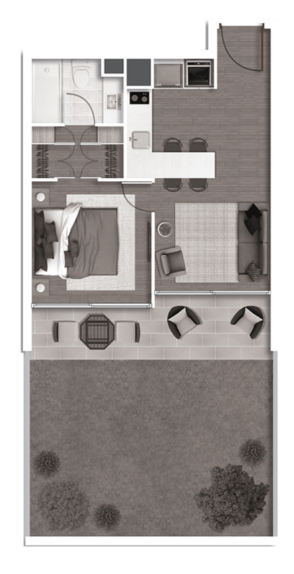 Floor plan of a small apartment with a bedroom, bathroom, living room, kitchenette, and outdoor patio.