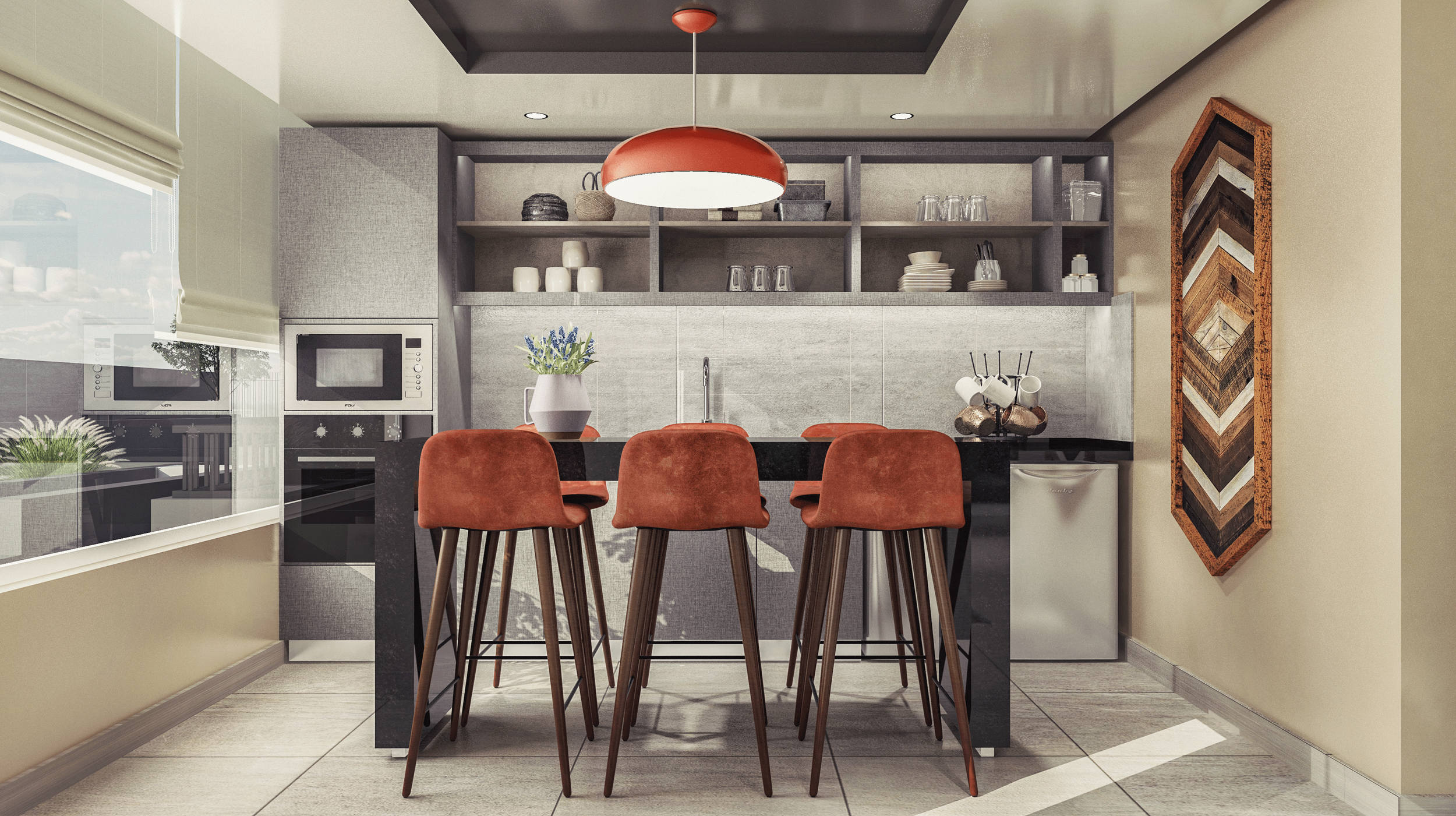 Modern kitchen with an island, four rust-colored barstools, open shelves with dishes, two microwaves, a vase with purple flowers, and artwork on the wall.