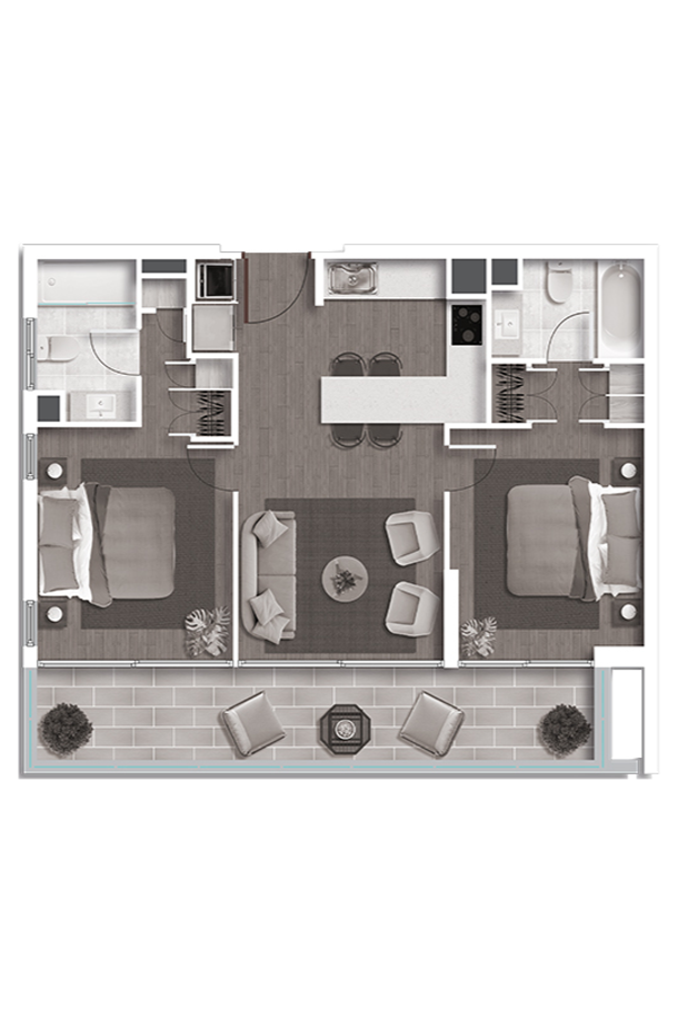 Floor plan of a two-bedroom apartment with a living room, kitchen, and outdoor patio.