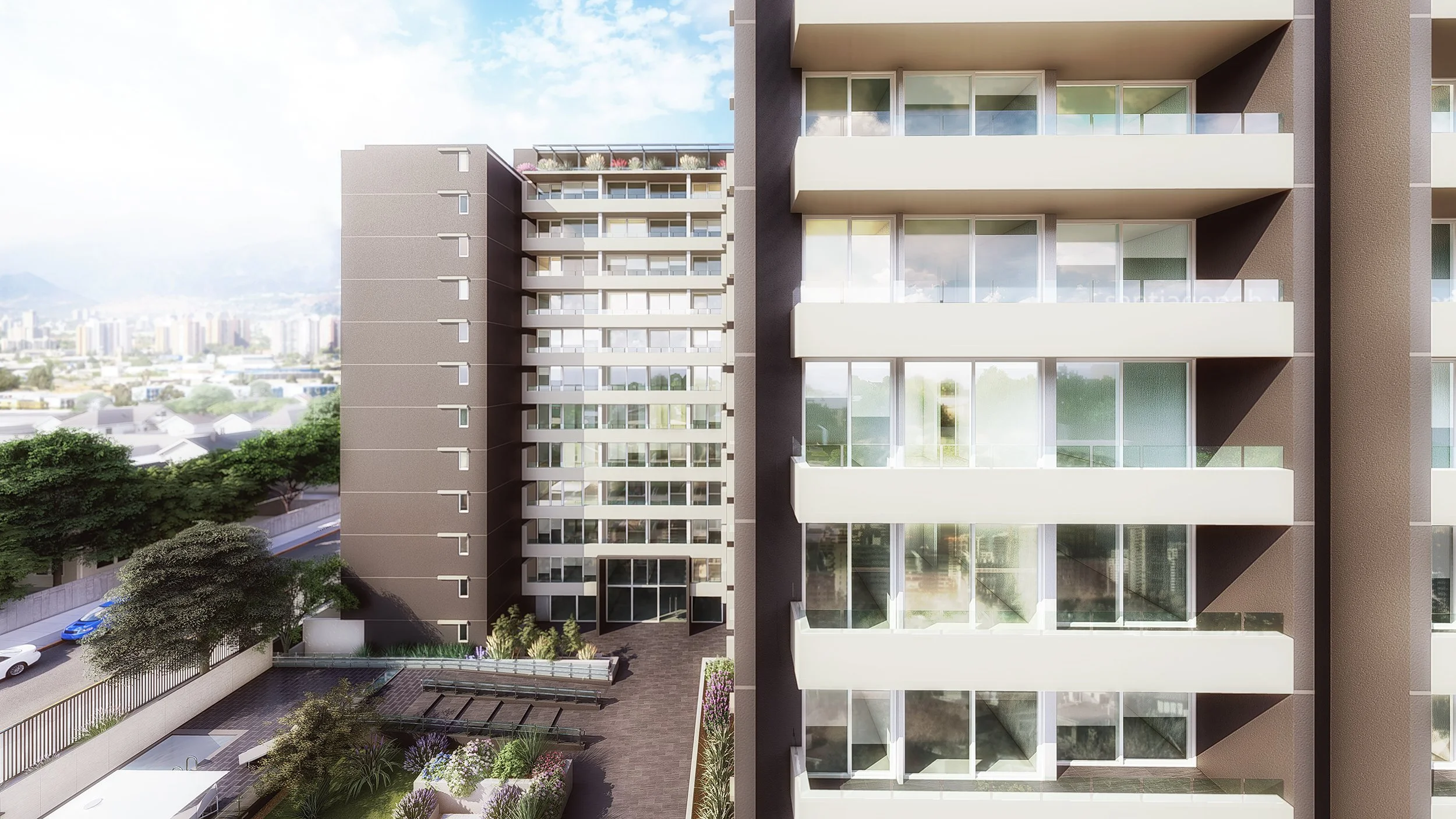 Modern multi-story residential building with balconies, glass railings, and outdoor amenities, situated in an urban area with trees and a city skyline in the background.