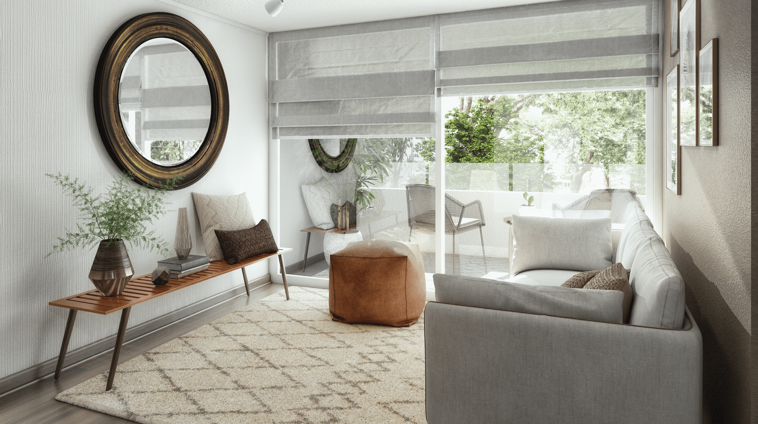 Bright living room with white walls, large window with blinds, gray sofa, brown ottoman, wooden bench with pillows, and balcony with outdoor chairs and trees outside.