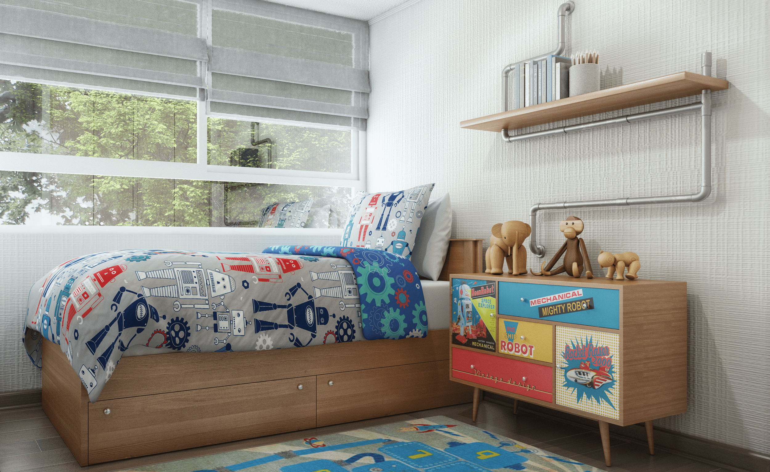 Kids' bedroom with a bed featuring robot-themed bedding, a small colorful dresser with toy figures on top, a window with blinds showing trees outside, and a bookshelf on the wall.